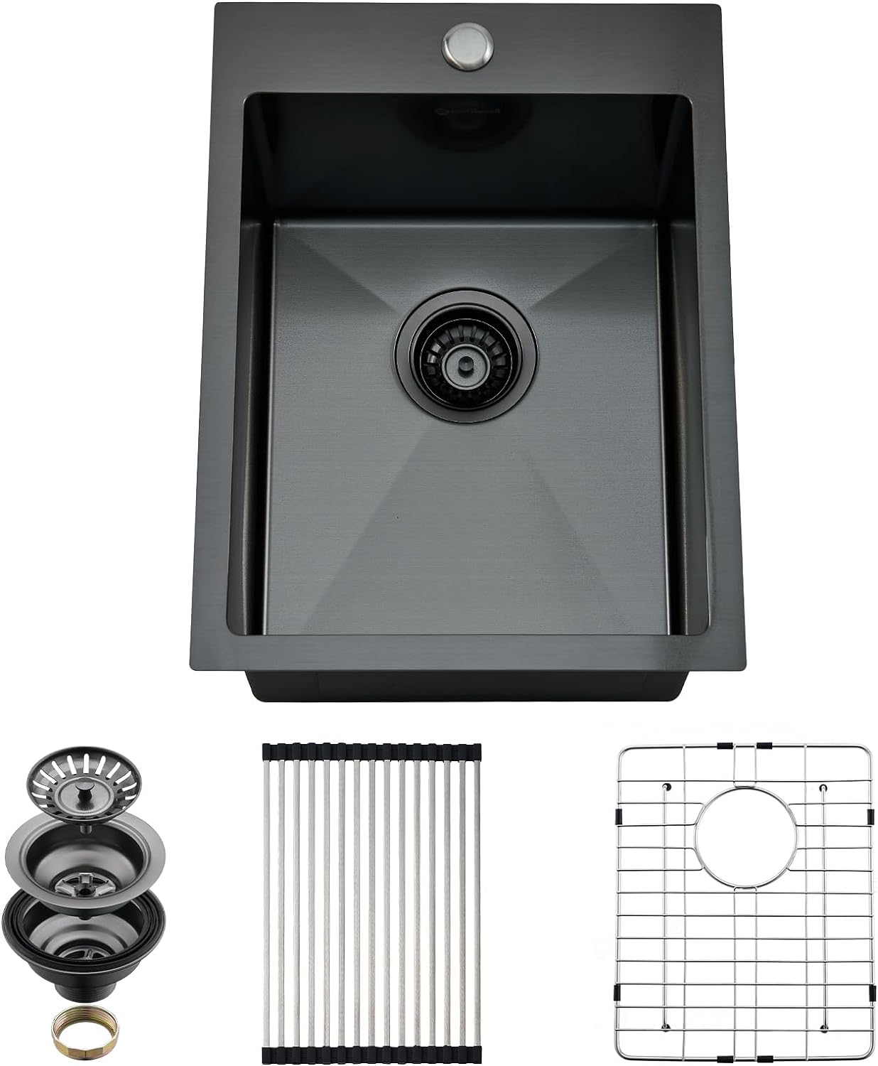 Drop In Kitchen Sink, 15 x 20 Inch Single Bowl Topmount Small Bar Sink 16 Gauge T-304 Stainless Steel Gunmetal Black Kitchen Sinks