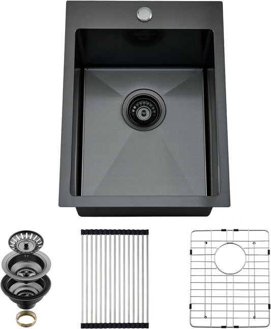 Drop In Kitchen Sink, 15 x 20 Inch Single Bowl Topmount Small Bar Sink 16 Gauge T-304 Stainless Steel Gunmetal Black Kitchen Sinks
