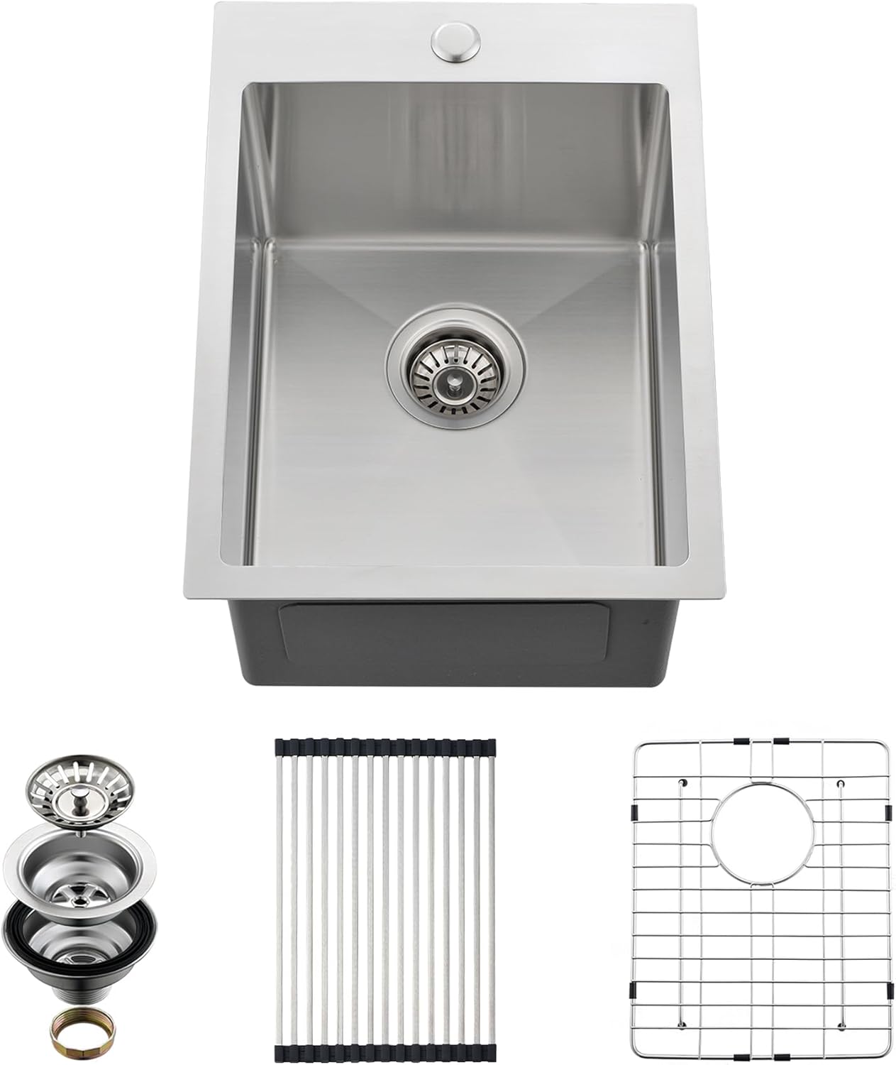 Drop In Kitchen Sink, 15 x 20 Inch Single Bowl Topmount Small Bar Sink 16 Gauge T-304 Stainless Steel Gunmetal Black Kitchen Sinks
