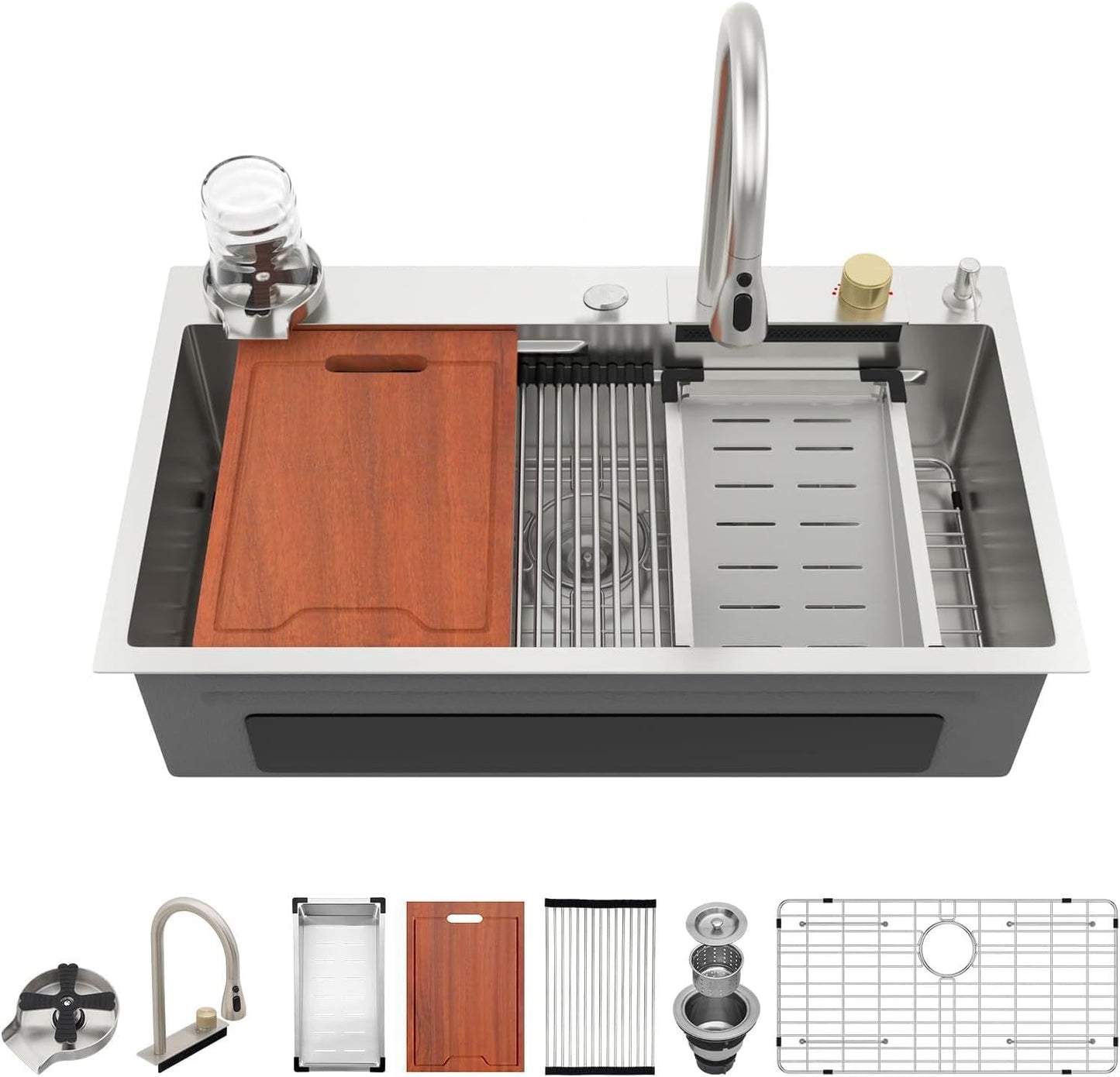 Lordear 33 Drop In Kitchen Sink Workstation 33x22 Kitchen Sinks Drop In Stainless Steel 16 Gauge Single Bowl Handmade Topmount Sink with Cutting Board