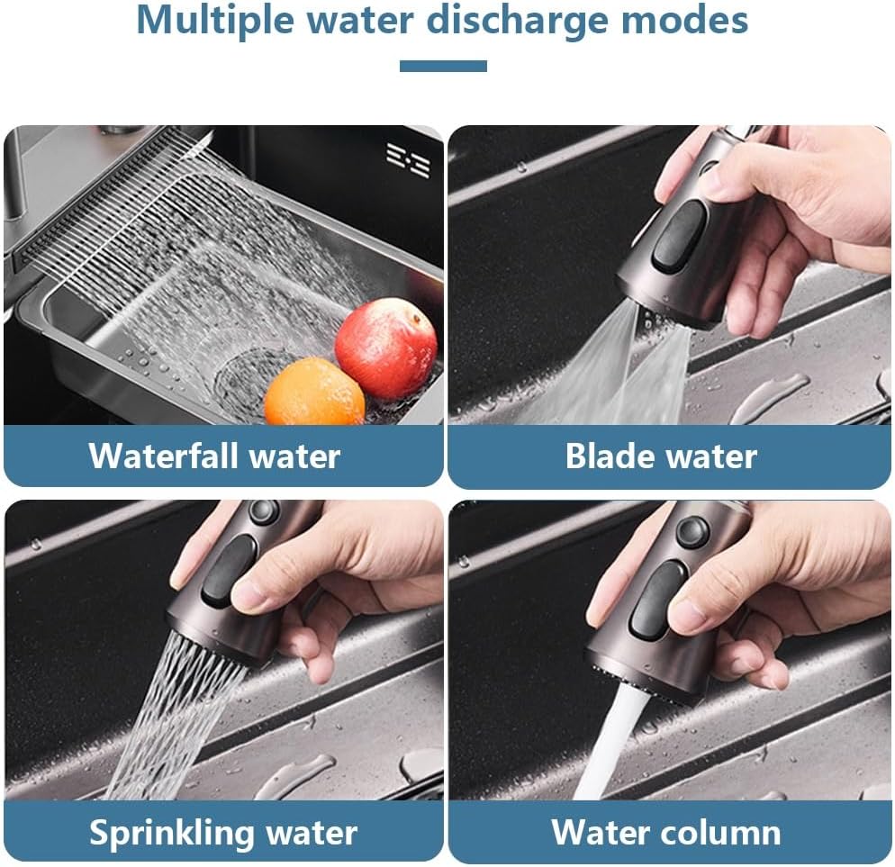 Black Waterfall Kitchen Sink, Drop in Single Bowl Stainless Steel Bar Sink with Cup Washer Sinks, Topmount Workstation Kitchen Sink with Accessories (Size : 26.8 x 17.7in)