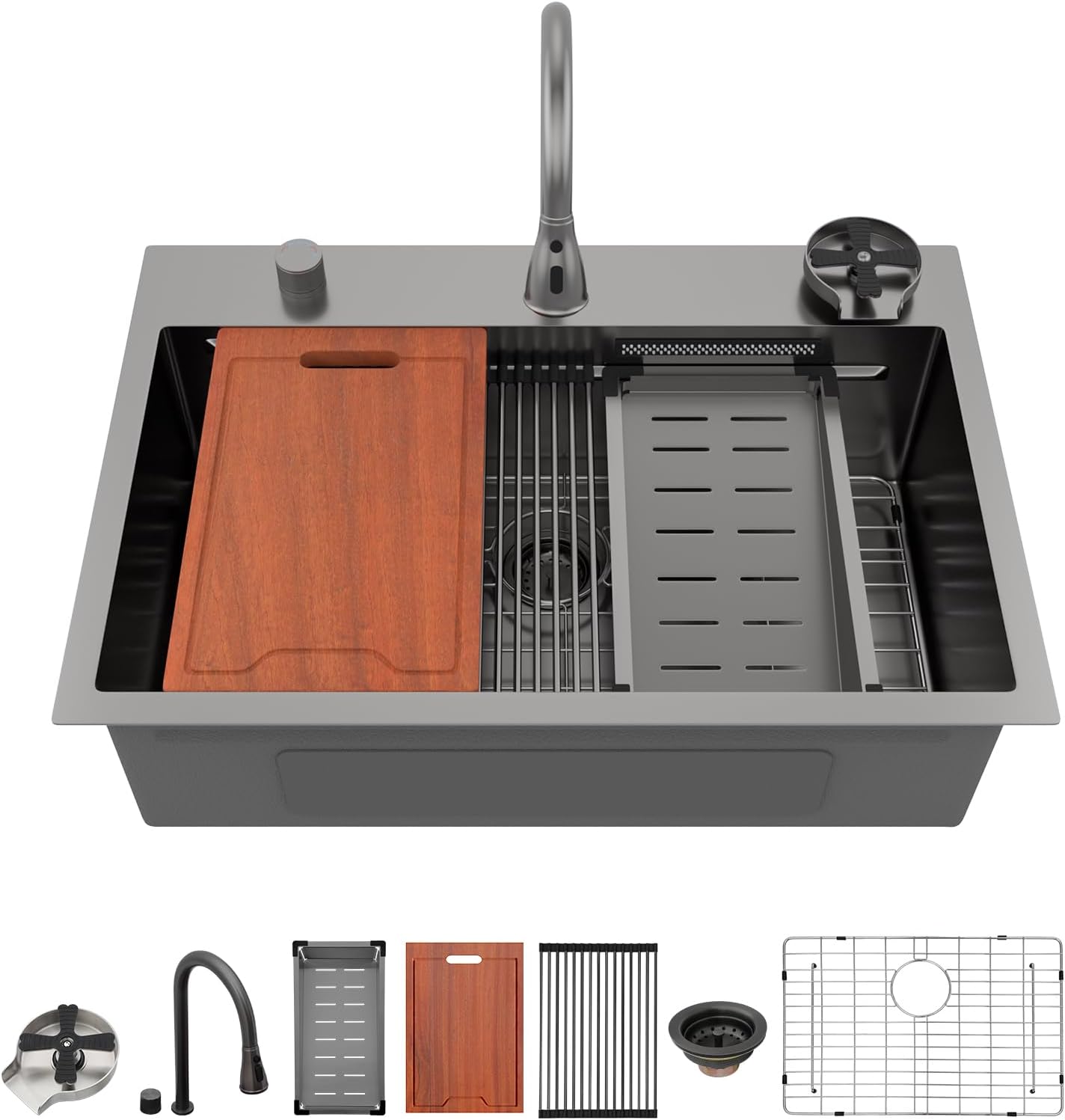 Lordear 33 Drop In Kitchen Sink Workstation 33x22 Kitchen Sinks Drop In Stainless Steel 16 Gauge Single Bowl Handmade Topmount Sink with Cutting Board