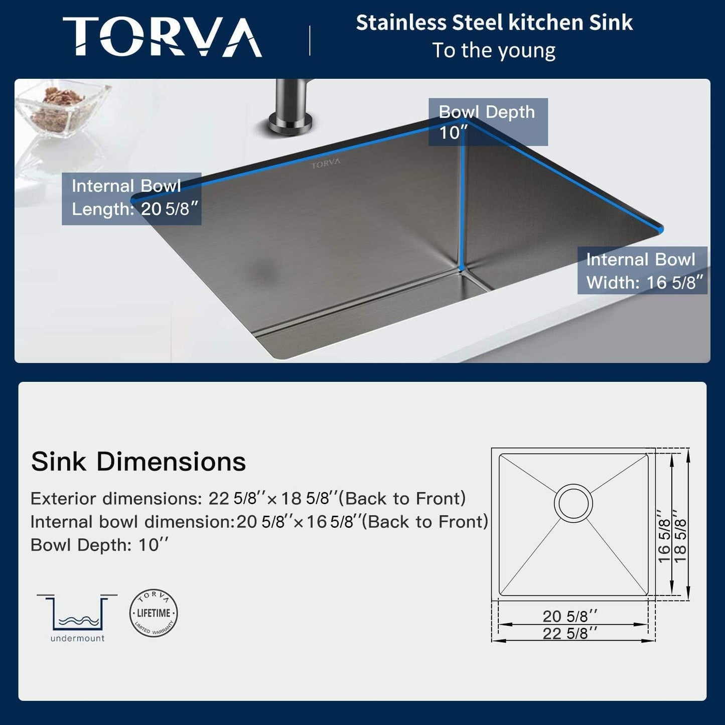 TORVA 22-Inch Undermount Kitchen Sink, Premium 304 Stainless Steel Bar Sink - 10 Inches Deep Basin Single Bowl Sink