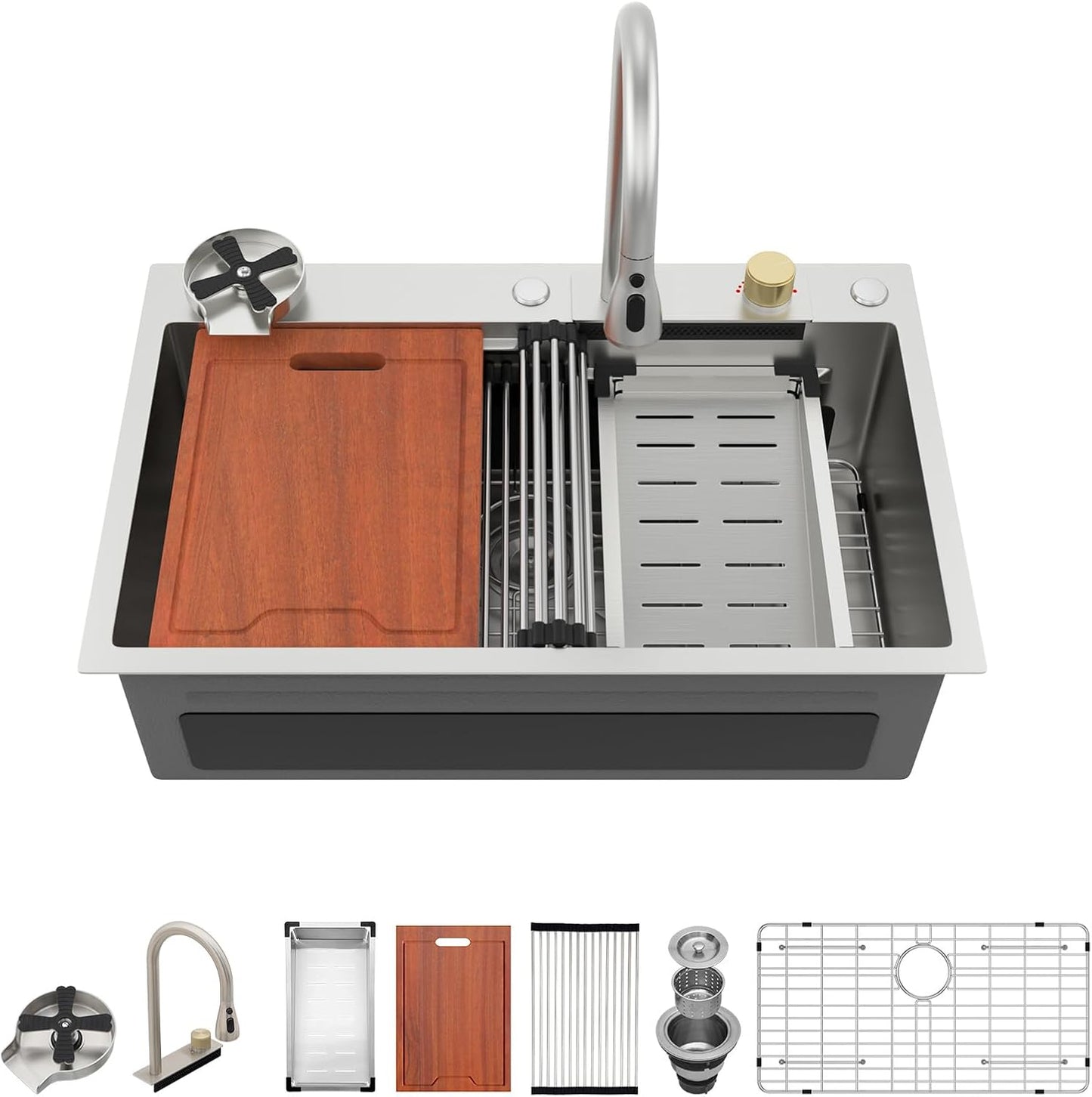 Lordear 33 Drop In Kitchen Sink Workstation 33x22 Kitchen Sinks Drop In Stainless Steel 16 Gauge Single Bowl Handmade Topmount Sink with Cutting Board