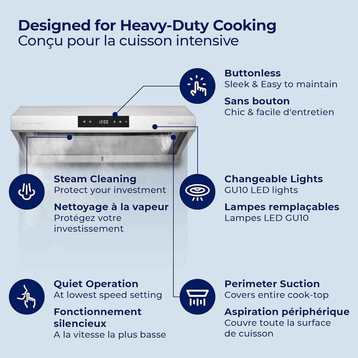 Hauslane | Chef Series Range Hood 30" PS38 PRO PERFORMANCE Stainless Steel Slim Under Cabinet Range Hood Design | Steam Auto Clean, Touch Panel | Superior Perimeter Aspiration Extraction