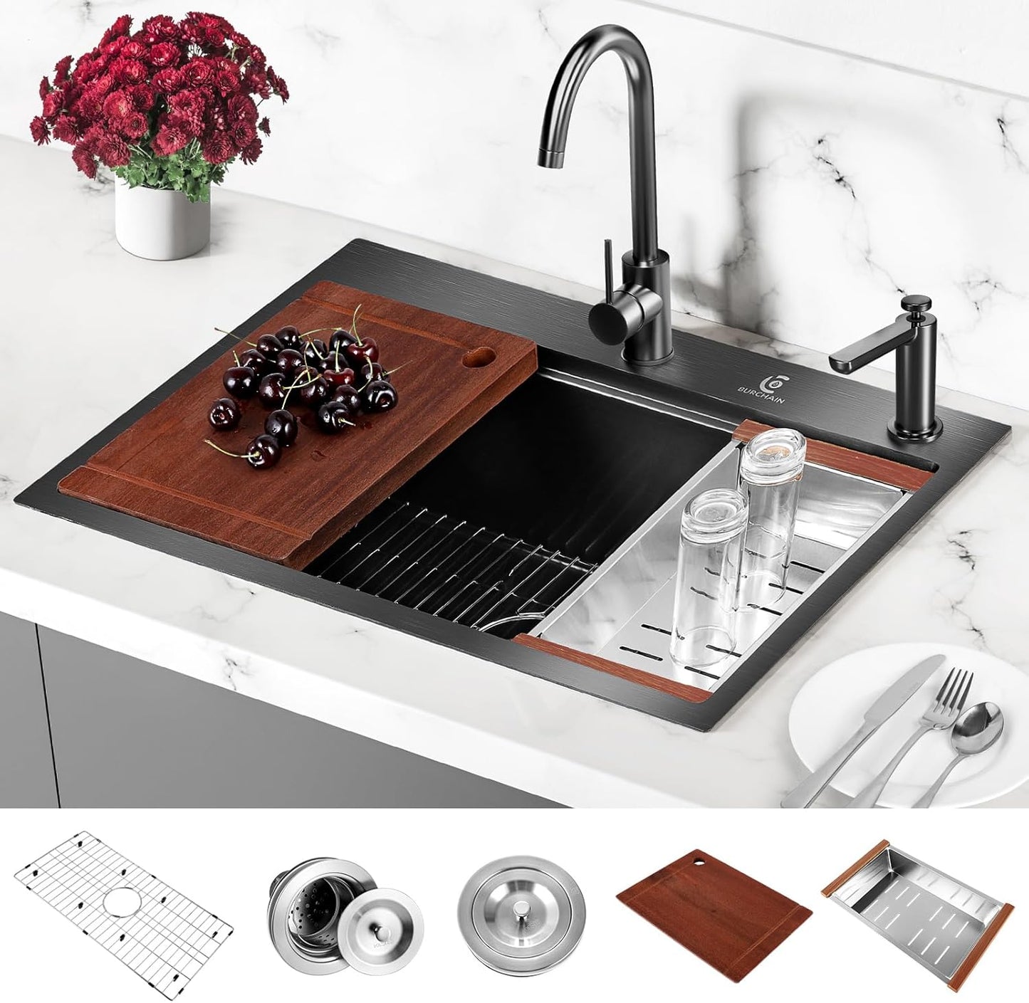 33x22 Inch Kitchen Sink Black Drop In Stainless Steel Kitchen Sinks 16 Gauge Single Bowl Workstation Luxury Top Mount Sink with 6 Accessories Include Glass Rinser (Black)