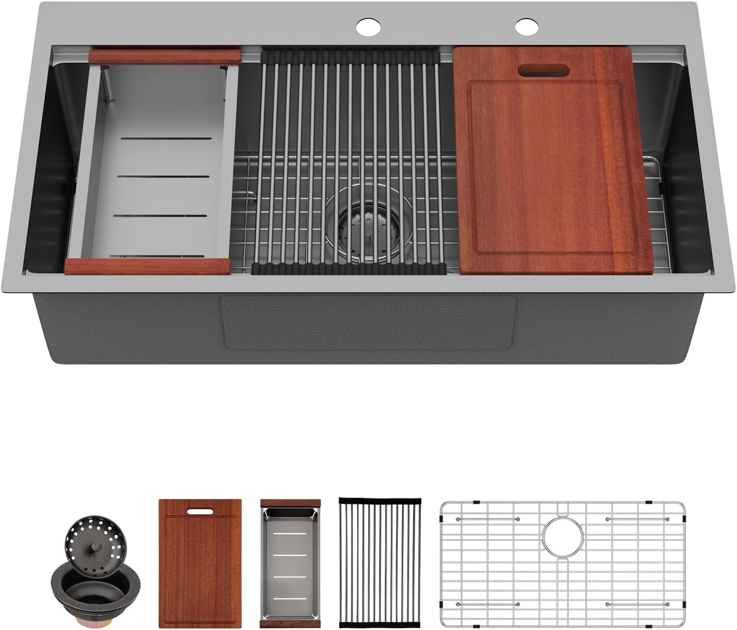 Sarlai 36 Inch Waterfall Kitchen Sink Workstation - 36x22 Waterfall Drop In Sink Stainless Steel 16 Gauge Sink Multifunction Single Bowl Smart Top Mount Kitchen Sinks with Faucet Combo
