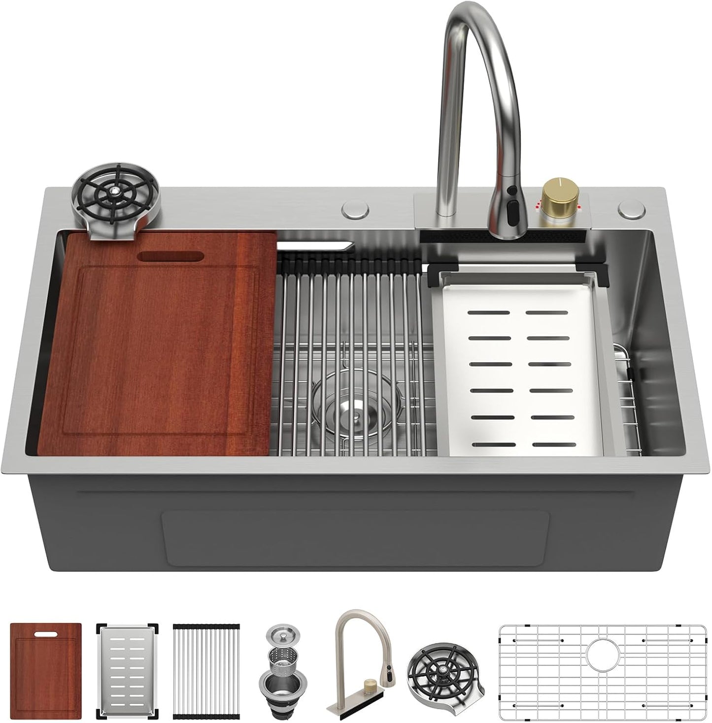 Sarlai 36 Inch Waterfall Kitchen Sink Workstation - 36x22 Waterfall Drop In Sink Stainless Steel 16 Gauge Sink Multifunction Single Bowl Smart Top Mount Kitchen Sinks with Faucet Combo
