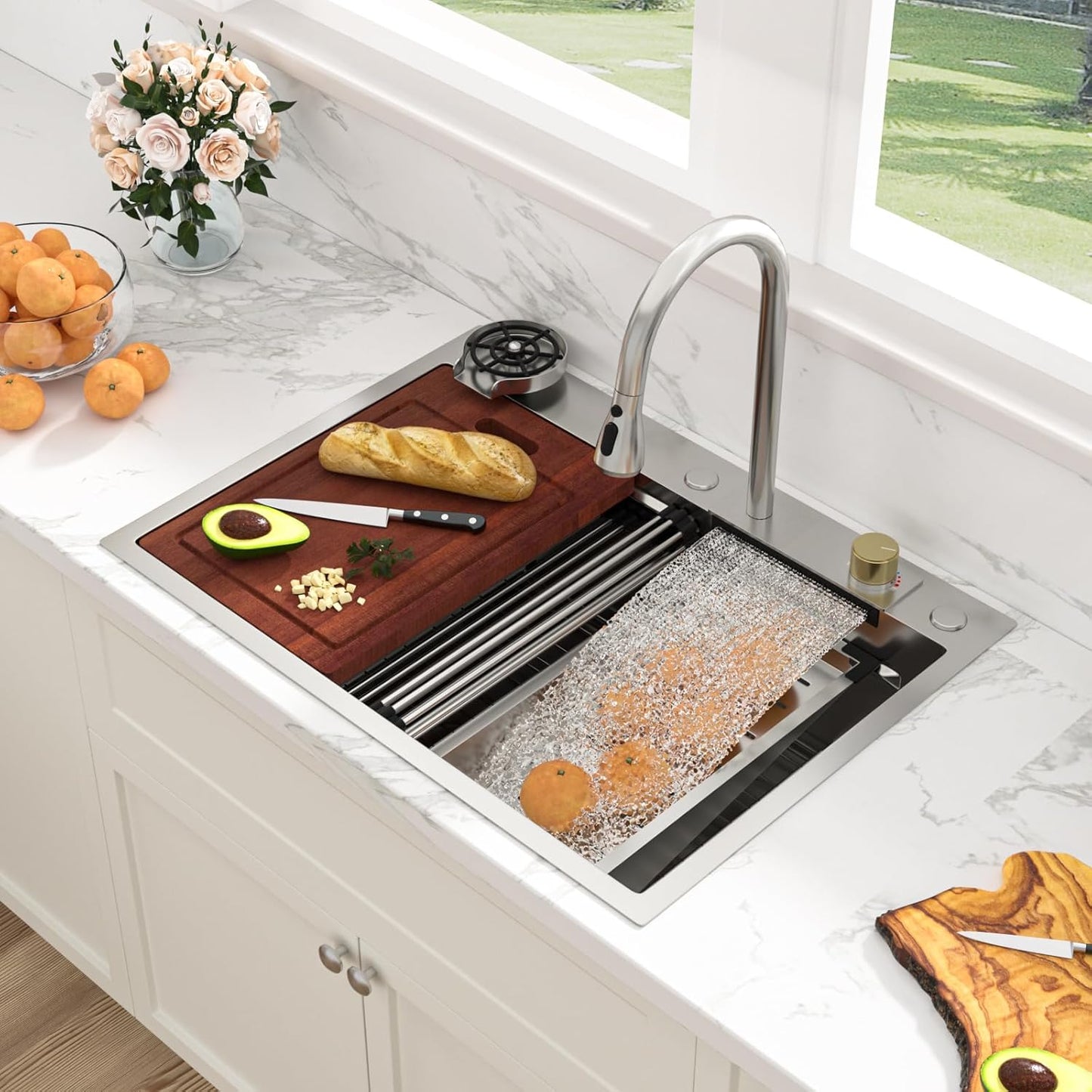 Sarlai 36 Inch Waterfall Kitchen Sink Workstation - 36x22 Waterfall Drop In Sink Stainless Steel 16 Gauge Sink Multifunction Single Bowl Smart Top Mount Kitchen Sinks with Faucet Combo
