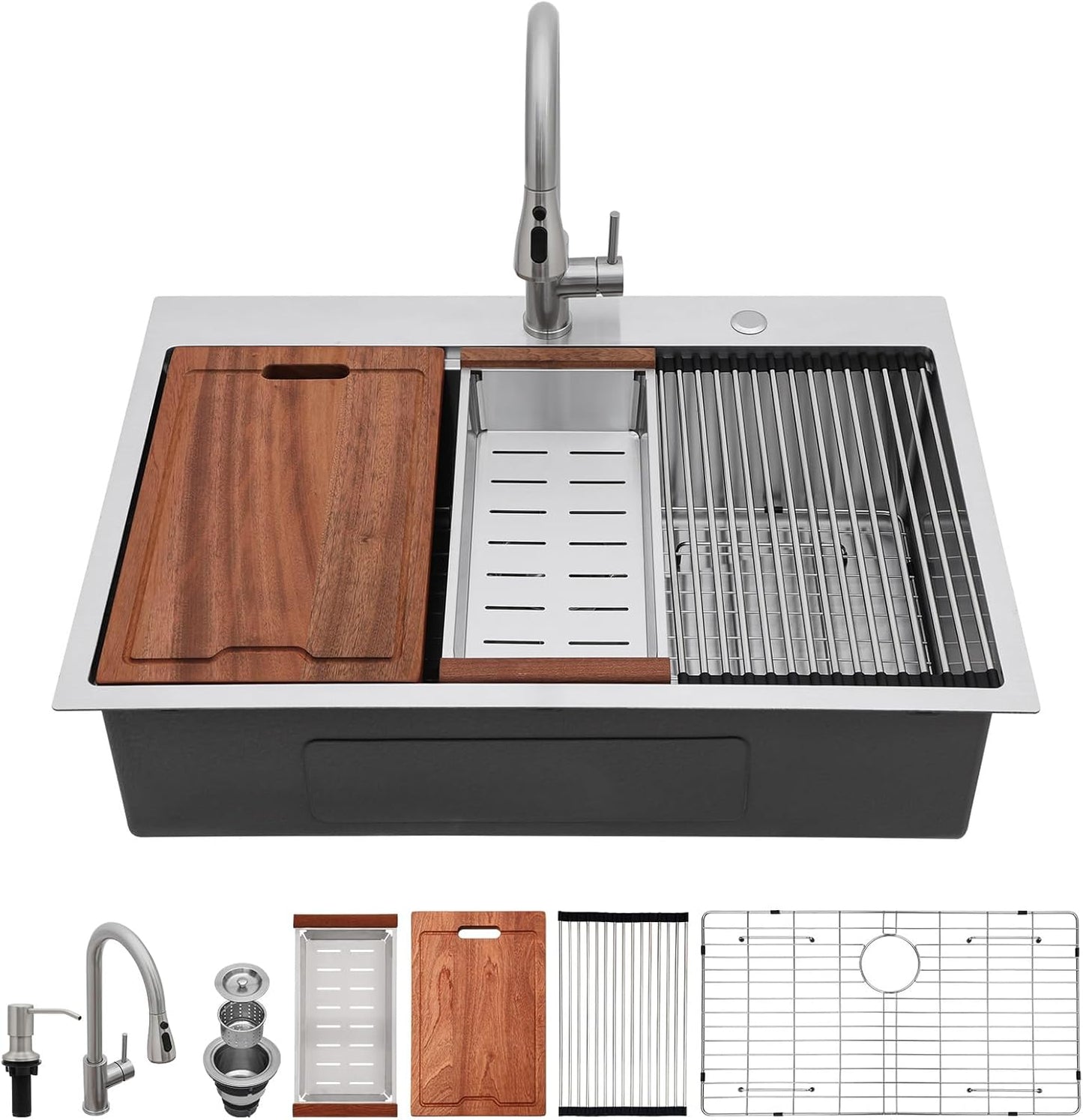 Lordear 33 Drop In Kitchen Sink Workstation 33x22 Kitchen Sinks Drop In Stainless Steel 16 Gauge Single Bowl Handmade Topmount Sink with Cutting Board