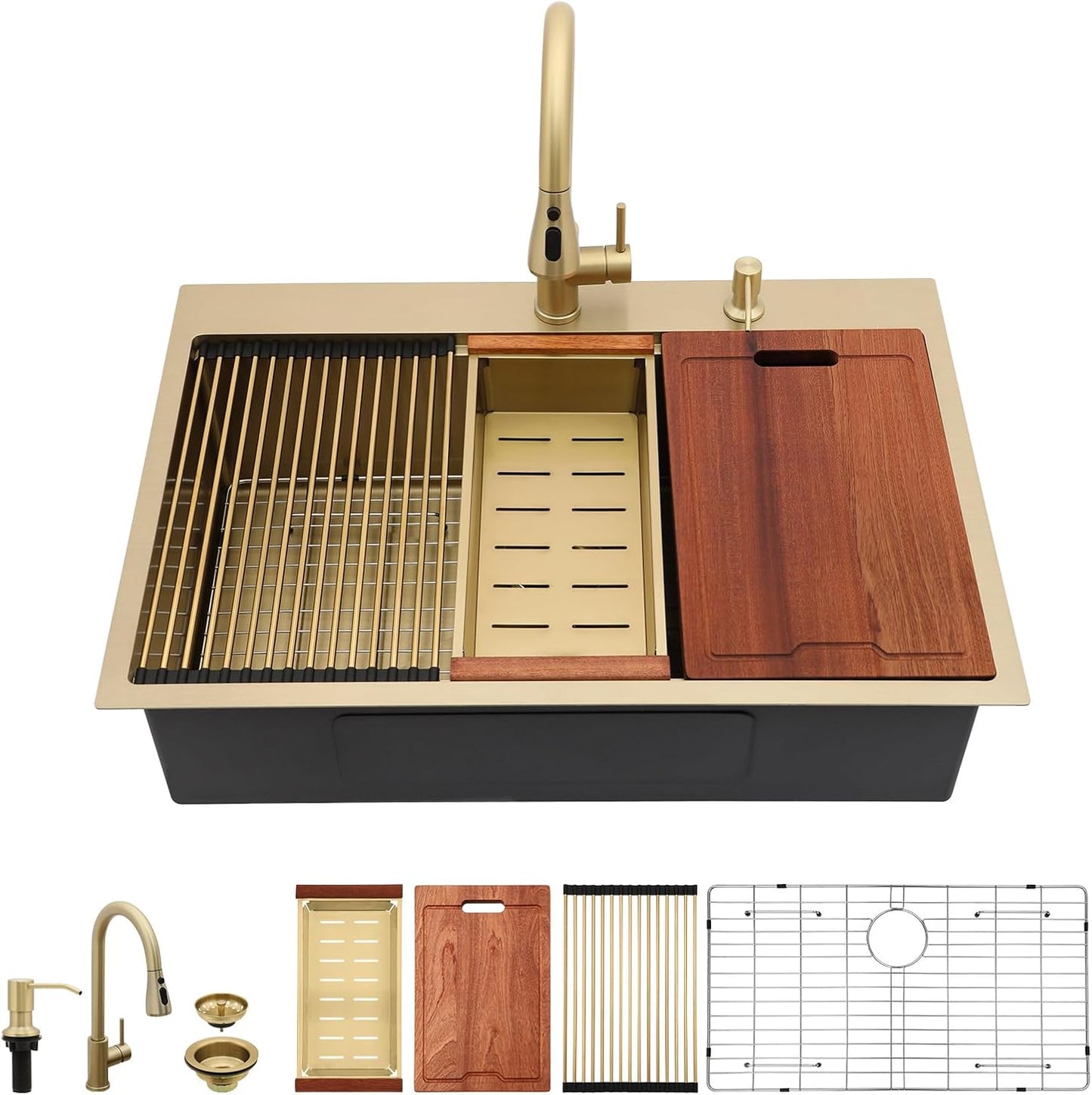 Lordear 33 Drop In Kitchen Sink Workstation 33x22 Kitchen Sinks Drop In Stainless Steel 16 Gauge Single Bowl Handmade Topmount Sink with Cutting Board