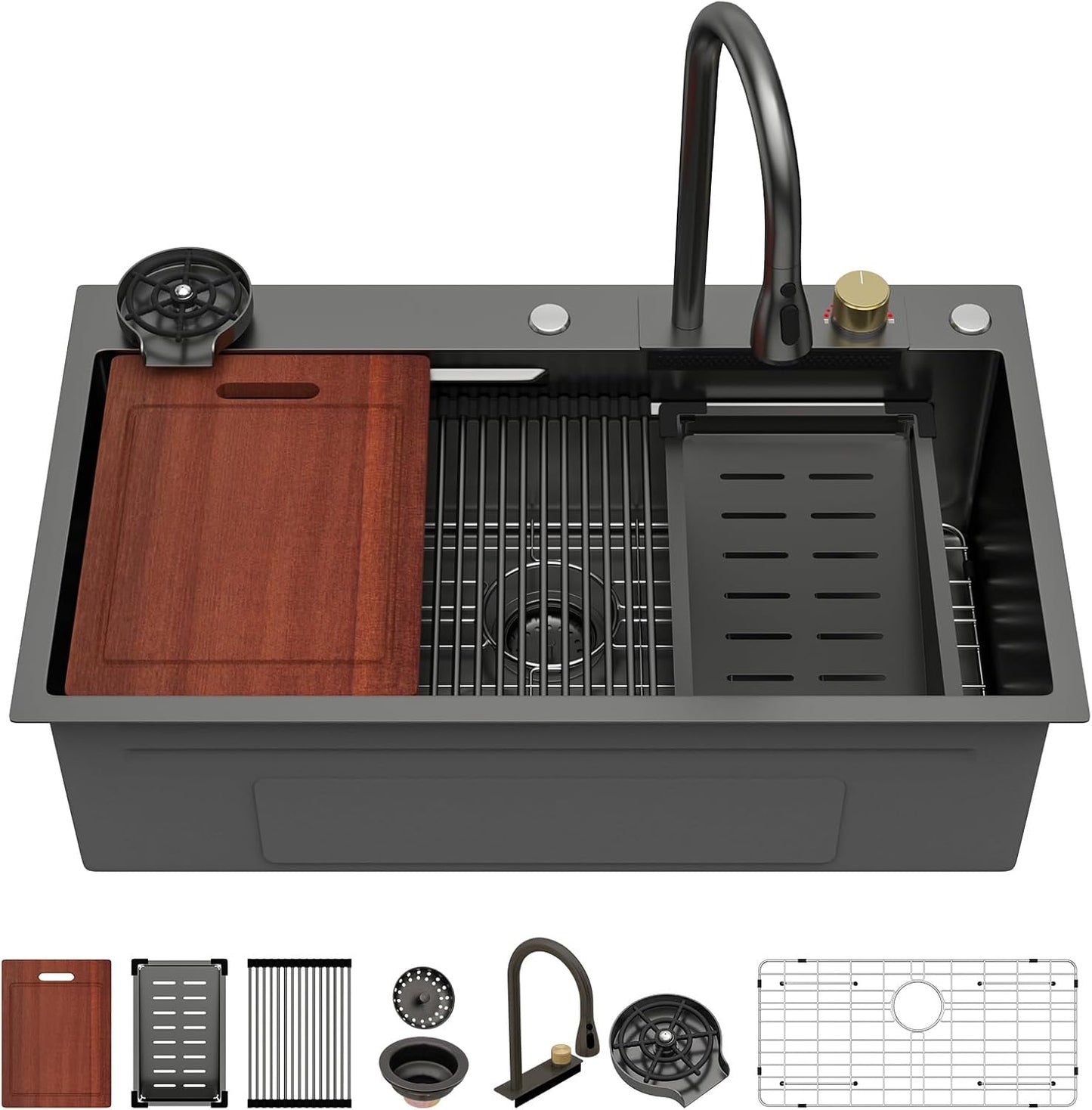 Sarlai 36 Inch Waterfall Kitchen Sink Workstation - 36x22 Waterfall Drop In Sink Stainless Steel 16 Gauge Sink Multifunction Single Bowl Smart Top Mount Kitchen Sinks with Faucet Combo