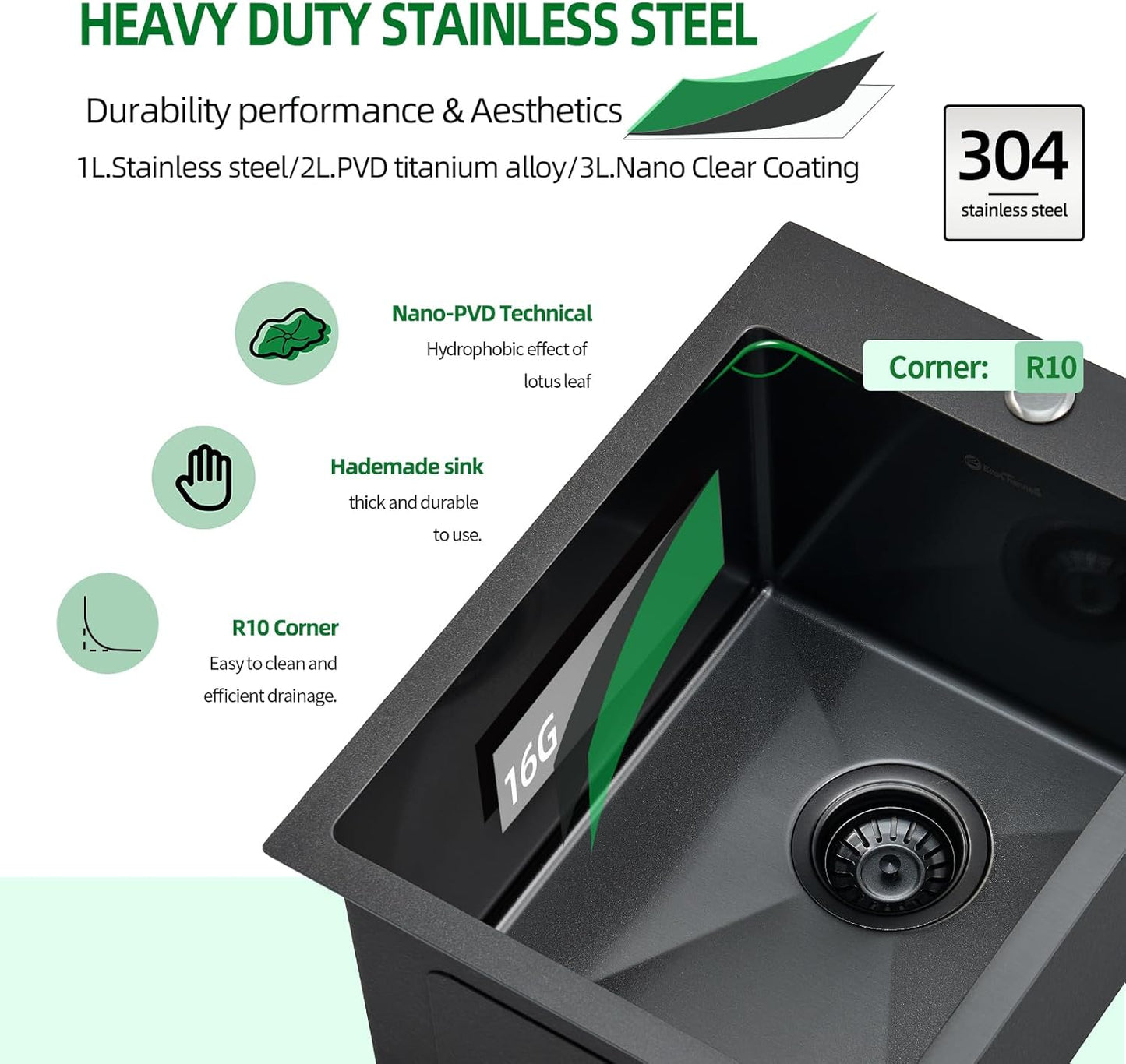 Drop In Kitchen Sink, 15 x 20 Inch Single Bowl Topmount Small Bar Sink 16 Gauge T-304 Stainless Steel Gunmetal Black Kitchen Sinks