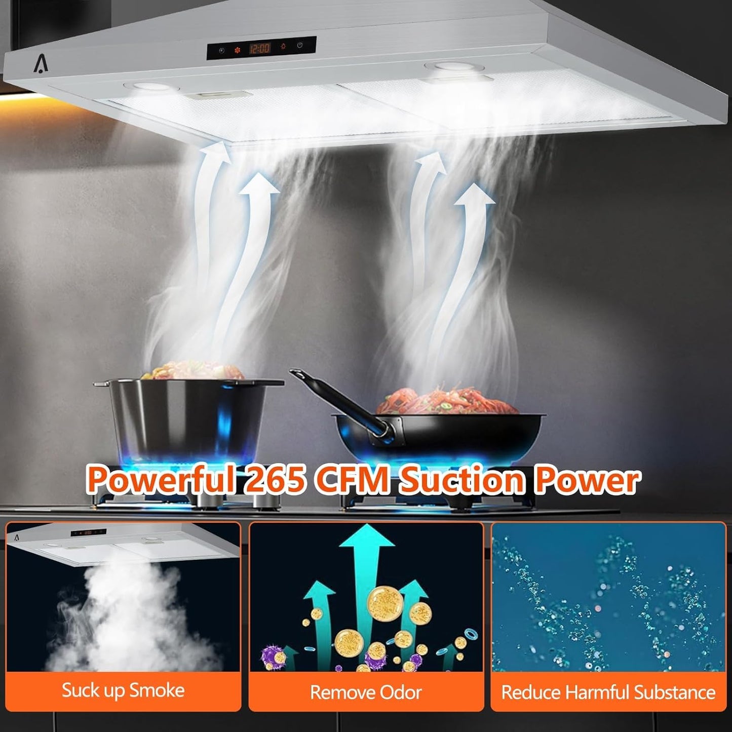 30 Inch Wall Mount Range Hood 265 CFM Ducted/Ductless Convertible, Stainless Steel Kitchen Range Vent Hood with 3 Inhalation Speeds, Touch Control, LED Lights