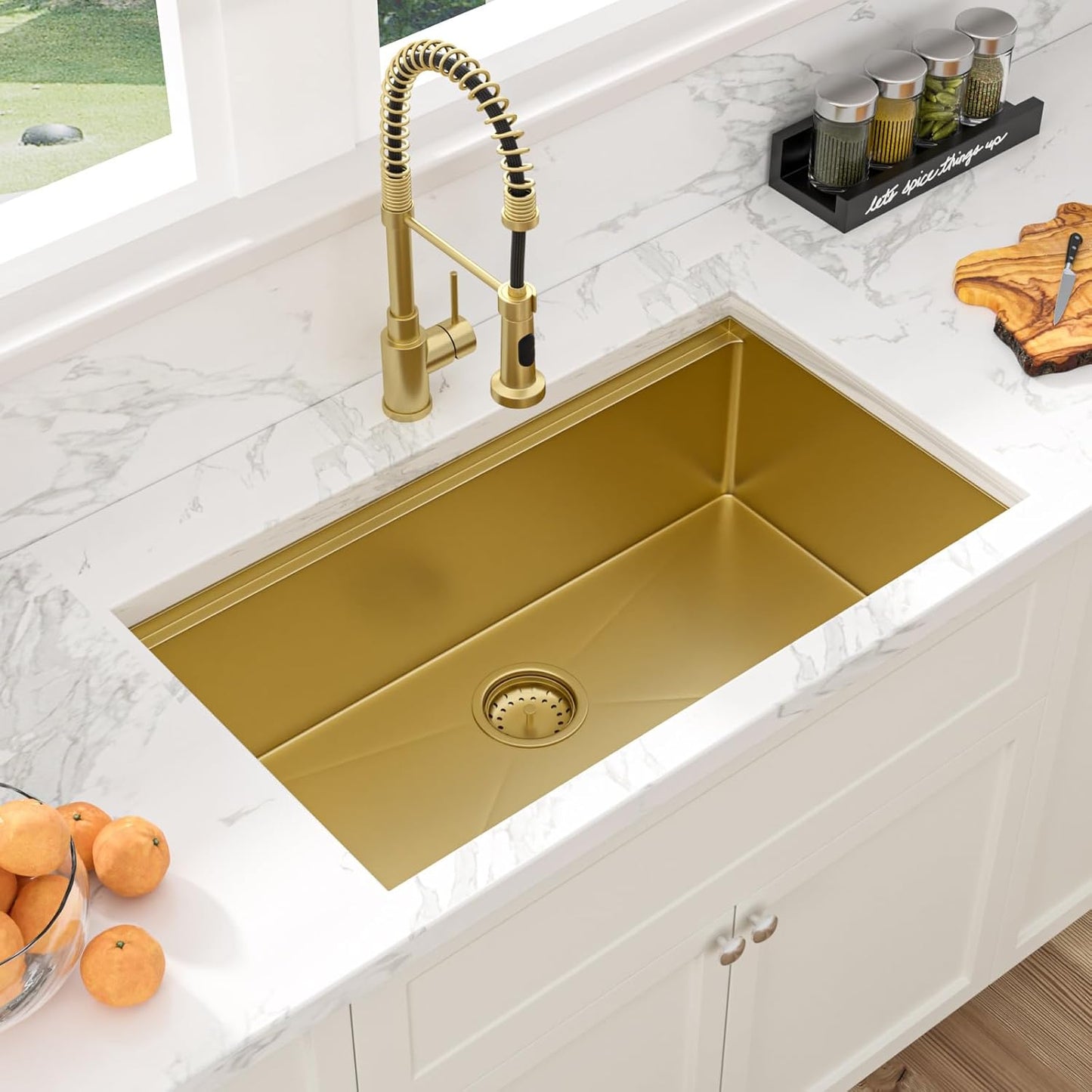 Sarlai 33 Undermount Sink Gold Stainless - 33" x19" Kitchen Sink Ledge Workstation Gold 16 Gauge Stainless Steel Deep Single Bowl Under Counter Rectangular Kitchen Sinks Basin