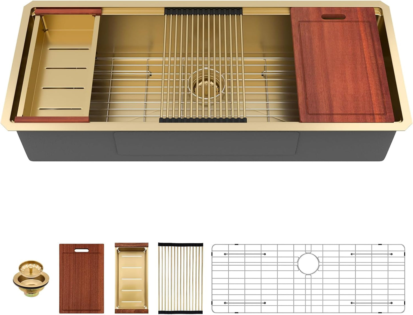 Sarlai 33 Undermount Sink Gold Stainless - 33" x19" Kitchen Sink Ledge Workstation Gold 16 Gauge Stainless Steel Deep Single Bowl Under Counter Rectangular Kitchen Sinks Basin