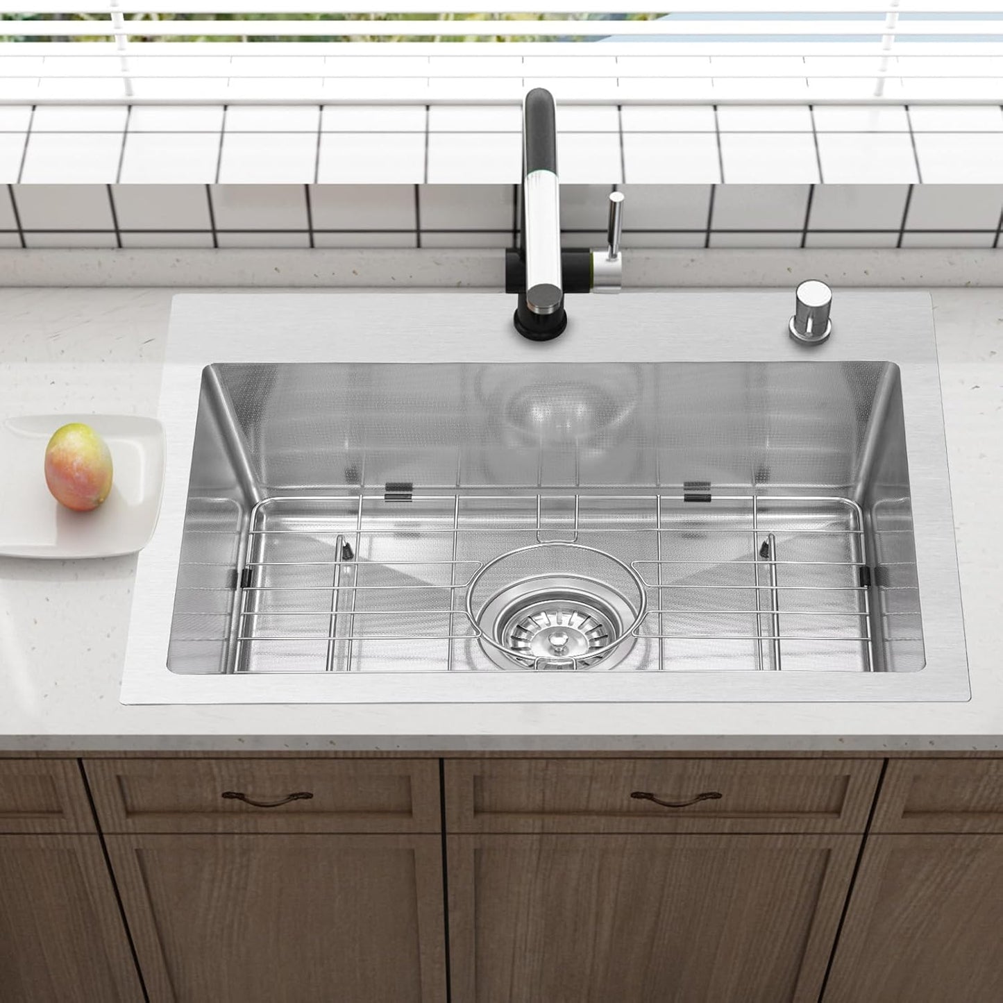 Drop In Kitchen Sink 28x18", 9" Basin Depth, 18 Gauge Stainless Steel Sink, 3D Embossed Surface Finish Top Mount with Accessories