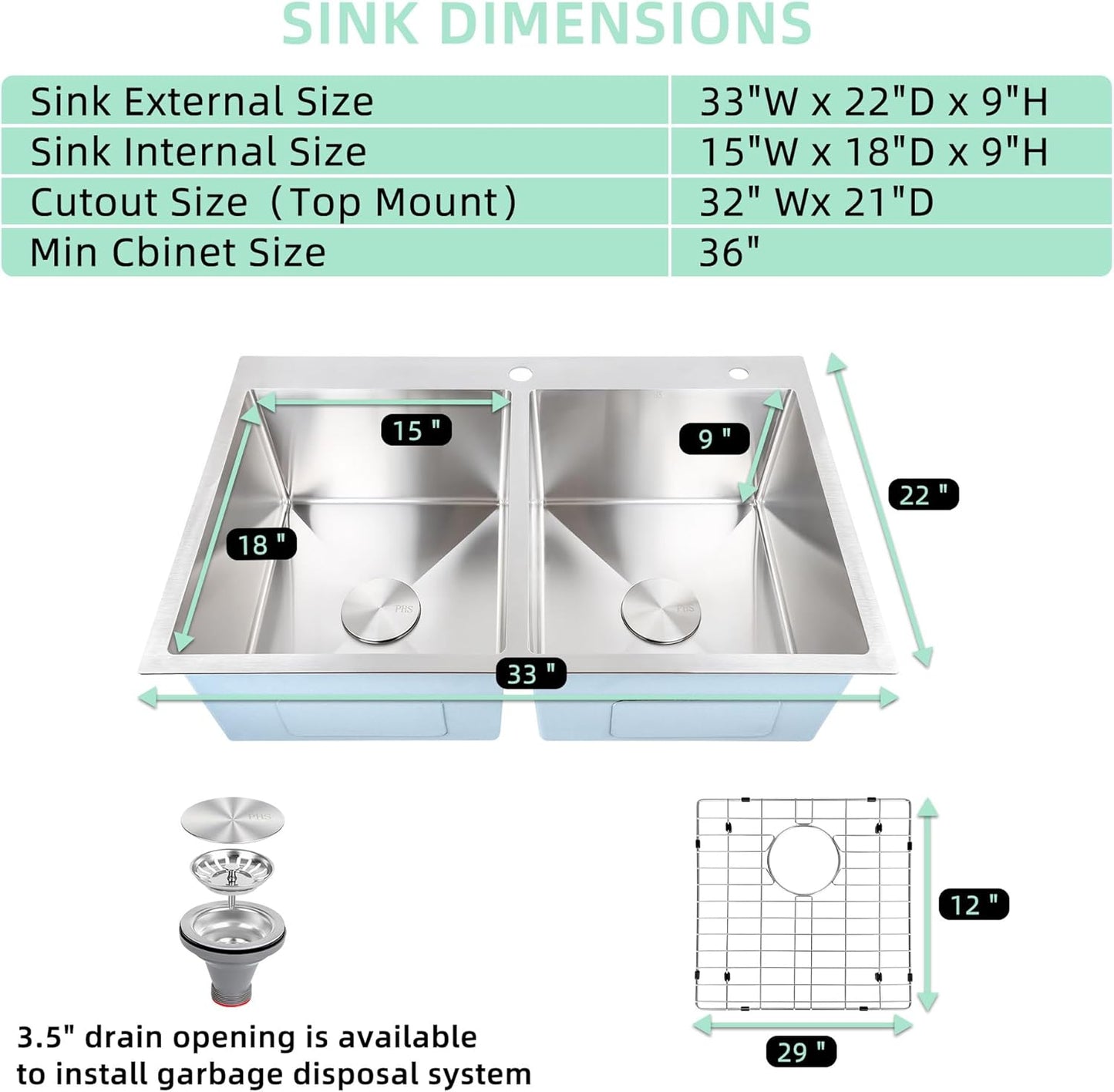 33 Inch Drop In Kitchen Sink Double Bowl-32x22 Top Mount Sink Double Stainless Steel 16 Gauge Deep 50/50 Handmade Double Bowl Sinks
