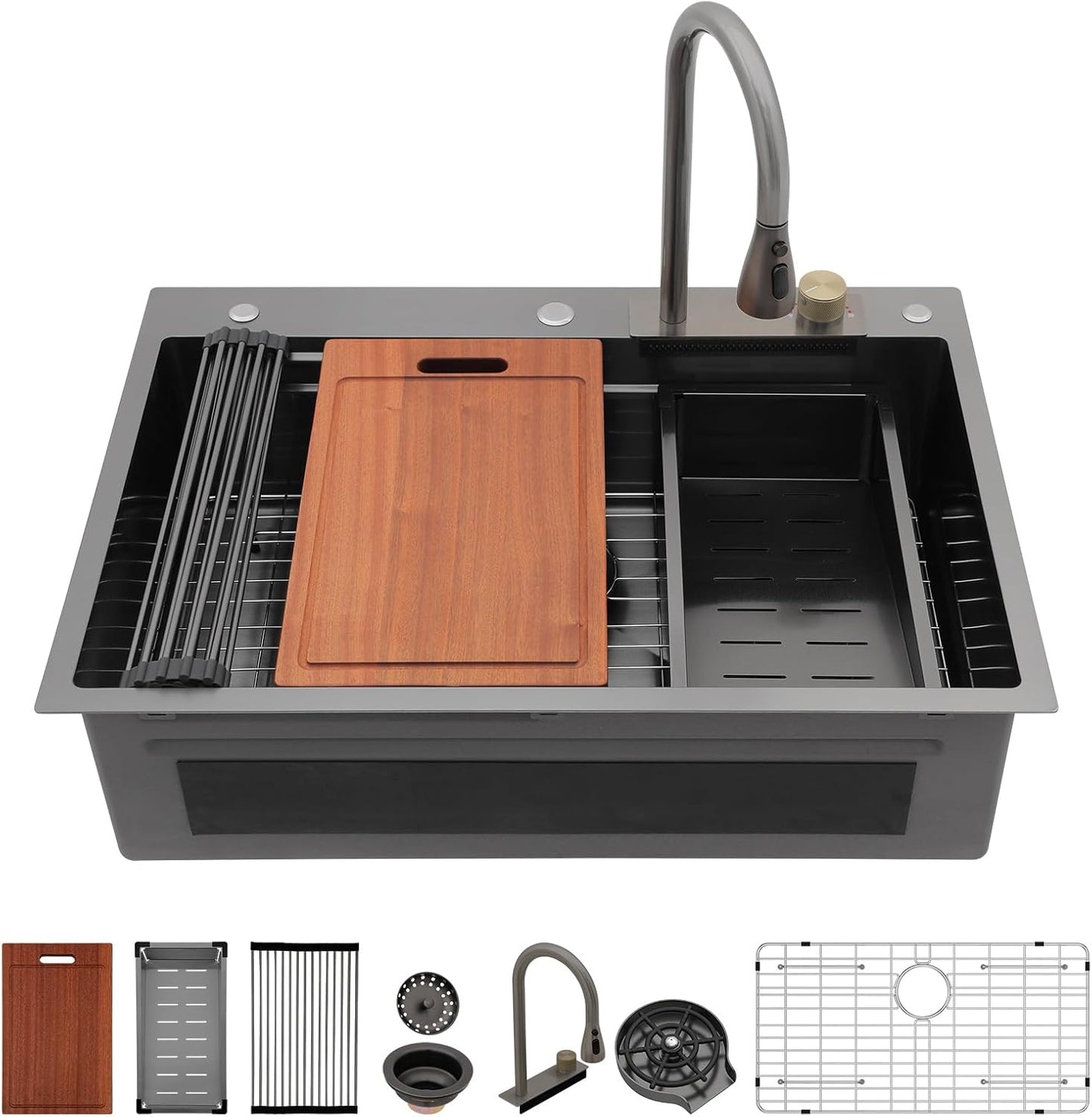 Sarlai 36 Inch Waterfall Kitchen Sink Workstation - 36x22 Waterfall Drop In Sink Stainless Steel 16 Gauge Sink Multifunction Single Bowl Smart Top Mount Kitchen Sinks with Faucet Combo