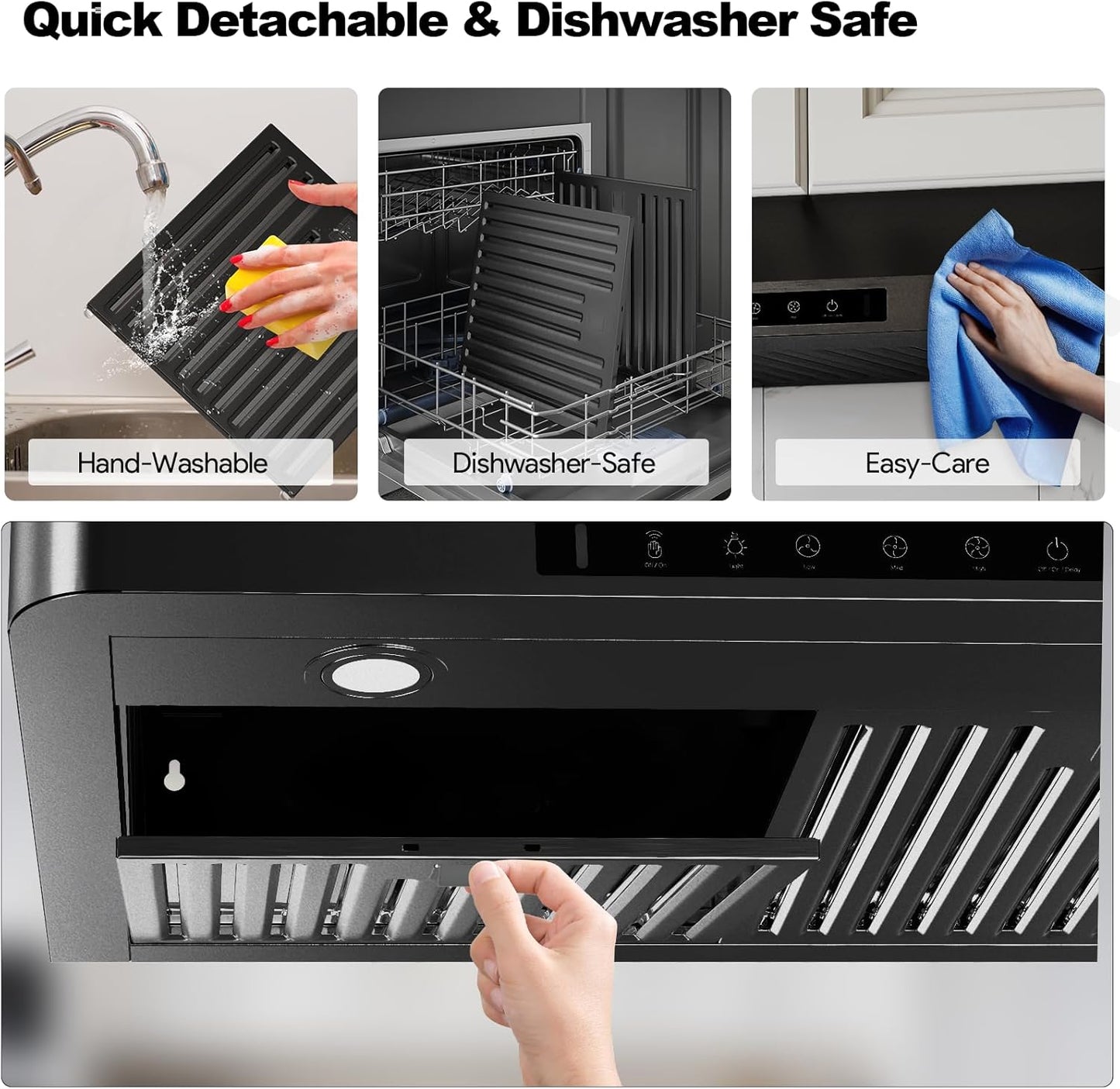 Range Hood 36 inch Under Cabinet, VIKIO HOME Hood Vents for Kitchen, Vent Hoods 36 inches with 980 CFM, 3 Speed Gesture Sensing, Teflon Coating, Non-stick and Easy to Clean, Black