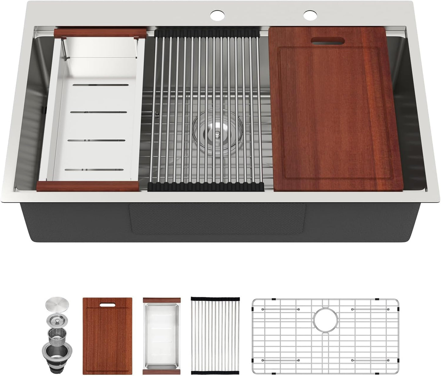 Sarlai 36 Inch Waterfall Kitchen Sink Workstation - 36x22 Waterfall Drop In Sink Stainless Steel 16 Gauge Sink Multifunction Single Bowl Smart Top Mount Kitchen Sinks with Faucet Combo