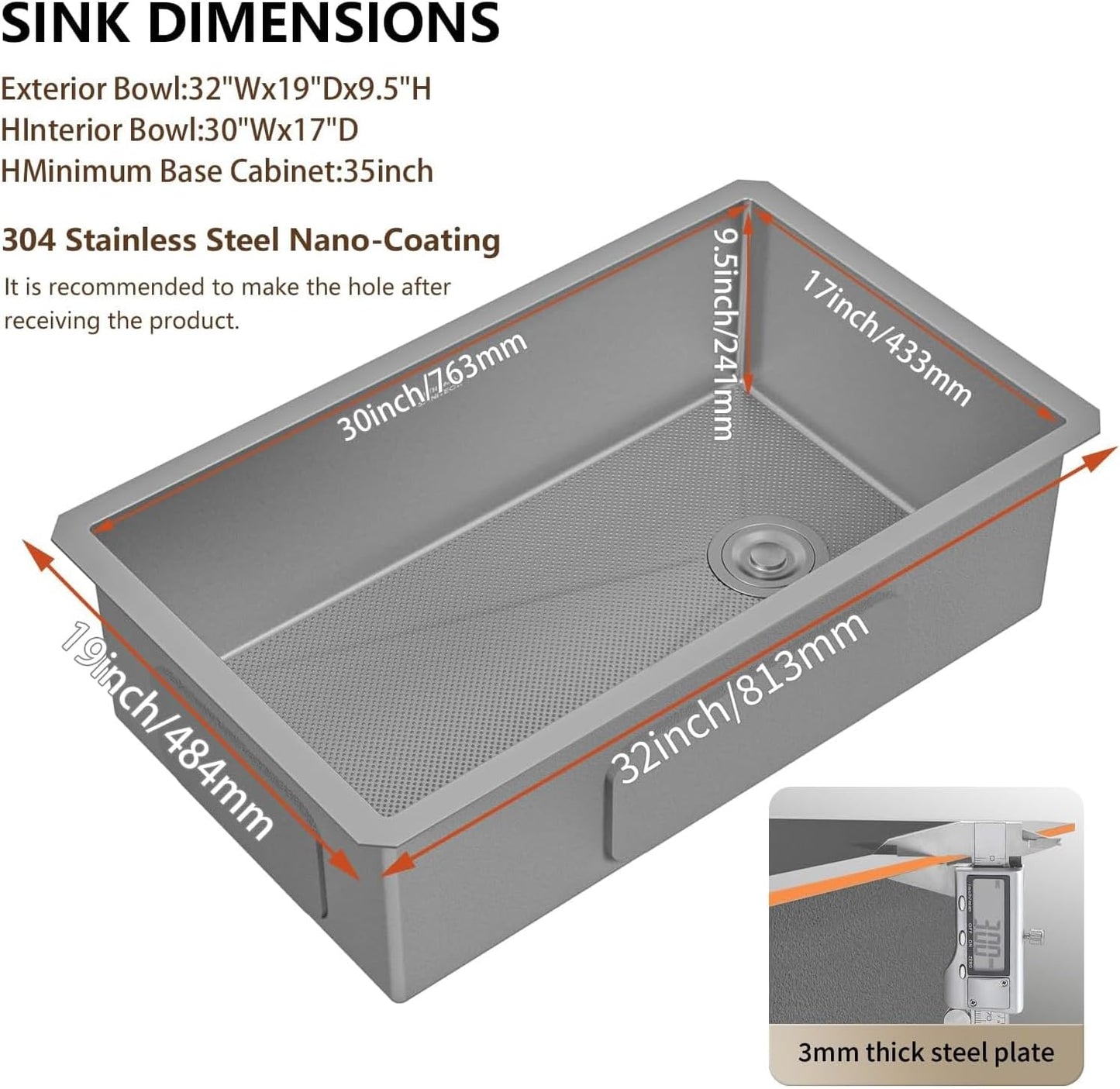 32 Inch Undermount Kitchen Sink, 304 Stainless Steel with Nano Coating, Single Bowl, Modern Design for Workstation, RV, Prep Kitchen & Bar, Drain Assembly Included, 32x19 Inch (Silver)