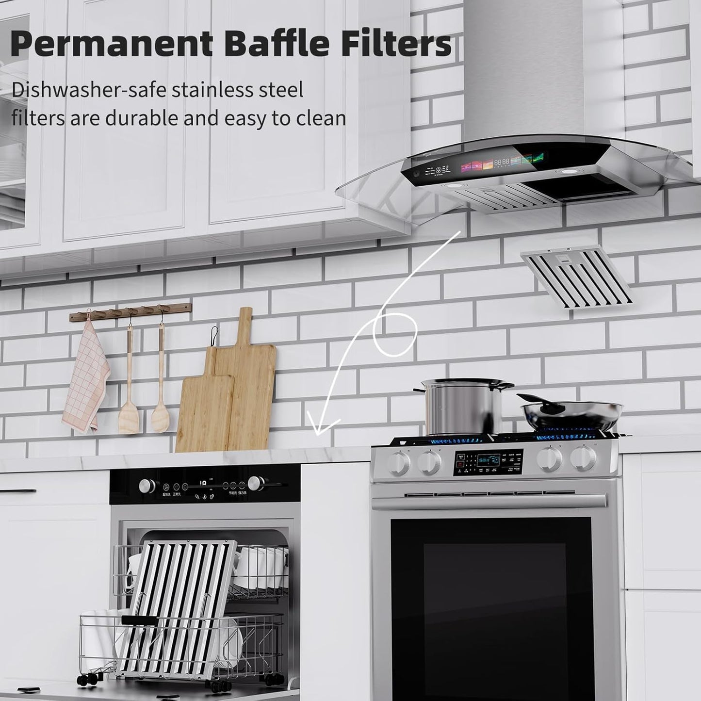 36 inch Wall Mount Range Hood Tempered Glass 900 CFM, Voice/Gesture/Touch Control, Stainless Steel Kitchen Hood Vent with 4 Speed Exhaust Fan, Adjustable Lights, Memory Mode