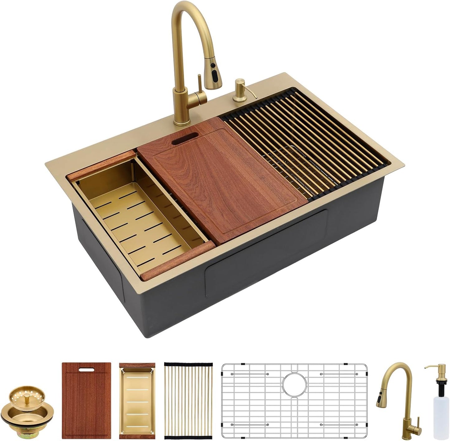 Sarlai 36 Inch Waterfall Kitchen Sink Workstation - 36x22 Waterfall Drop In Sink Stainless Steel 16 Gauge Sink Multifunction Single Bowl Smart Top Mount Kitchen Sinks with Faucet Combo