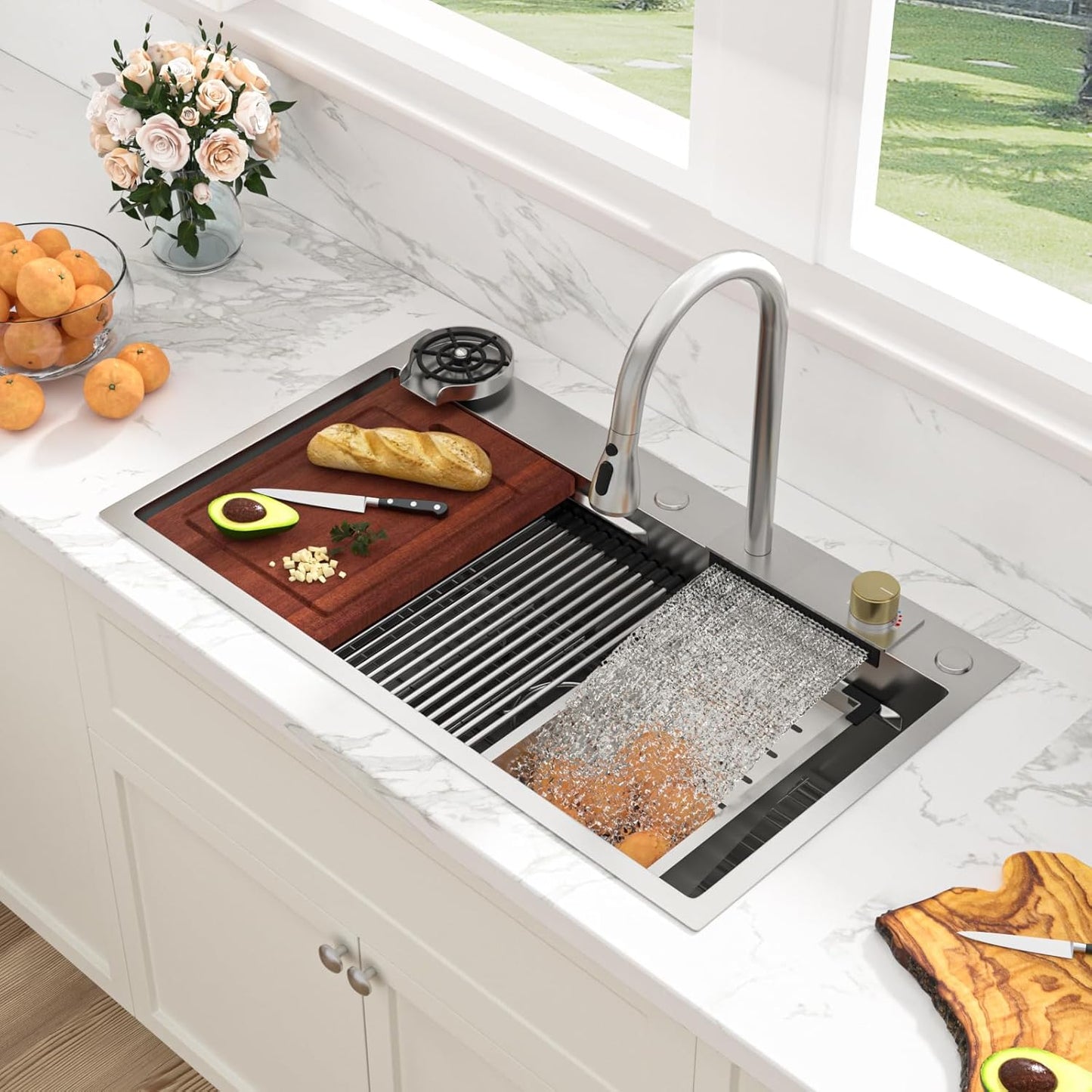 Sarlai 36 Inch Waterfall Kitchen Sink Workstation - 36x22 Waterfall Drop In Sink Stainless Steel 16 Gauge Sink Multifunction Single Bowl Smart Top Mount Kitchen Sinks with Faucet Combo