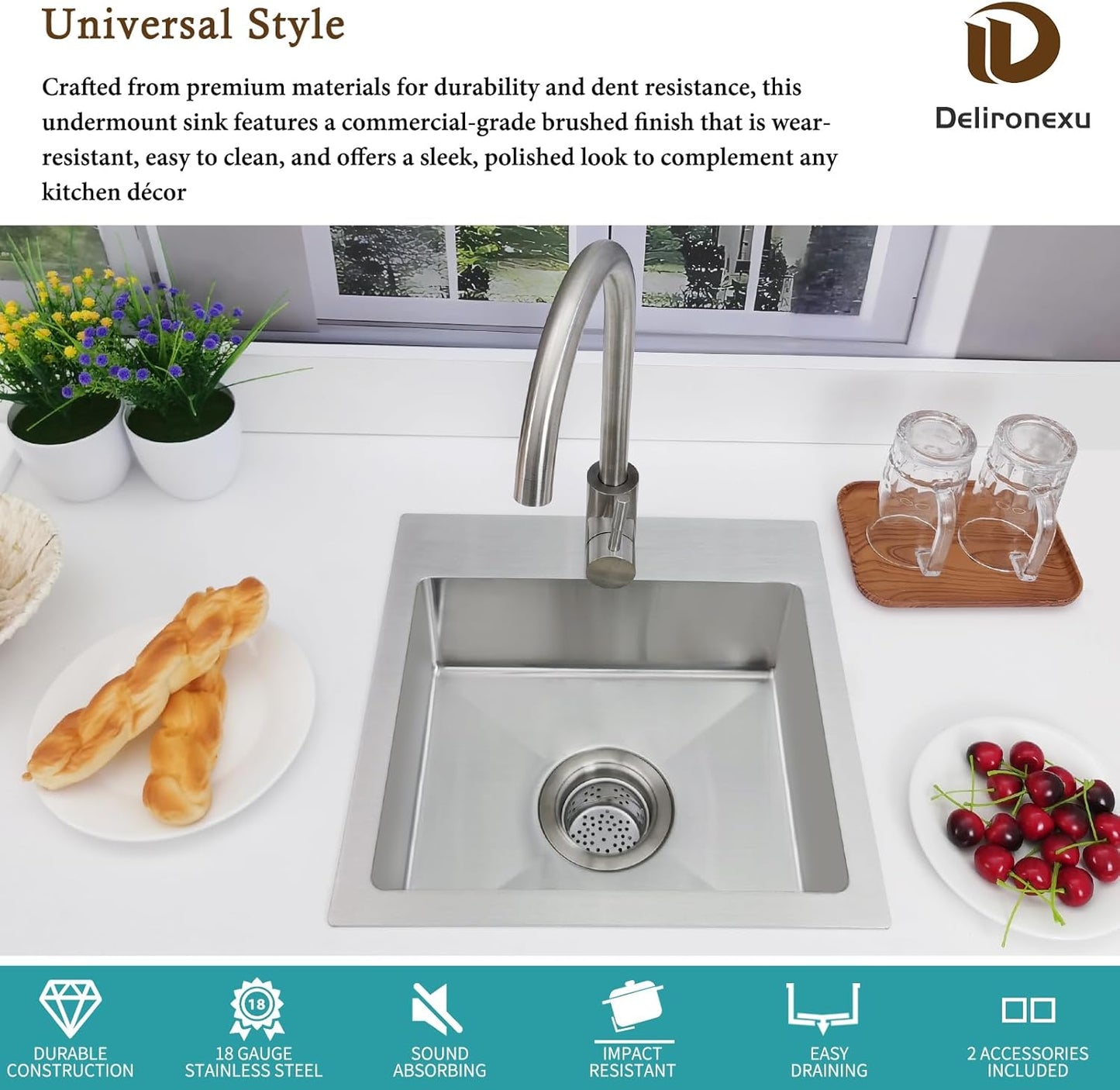 15 Inch Bar Sink Drop In - Delironexu 18 Gauge Stainless Steel Small Kitchen Sink, 15"x15" Single Bowl Square Wet Bar with Brushed Finish for Outdoor, RV, and Prep Use