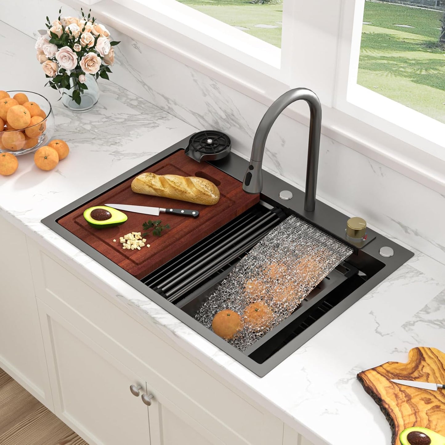 Sarlai 36 Inch Waterfall Kitchen Sink Workstation - 36x22 Waterfall Drop In Sink Stainless Steel 16 Gauge Sink Multifunction Single Bowl Smart Top Mount Kitchen Sinks with Faucet Combo