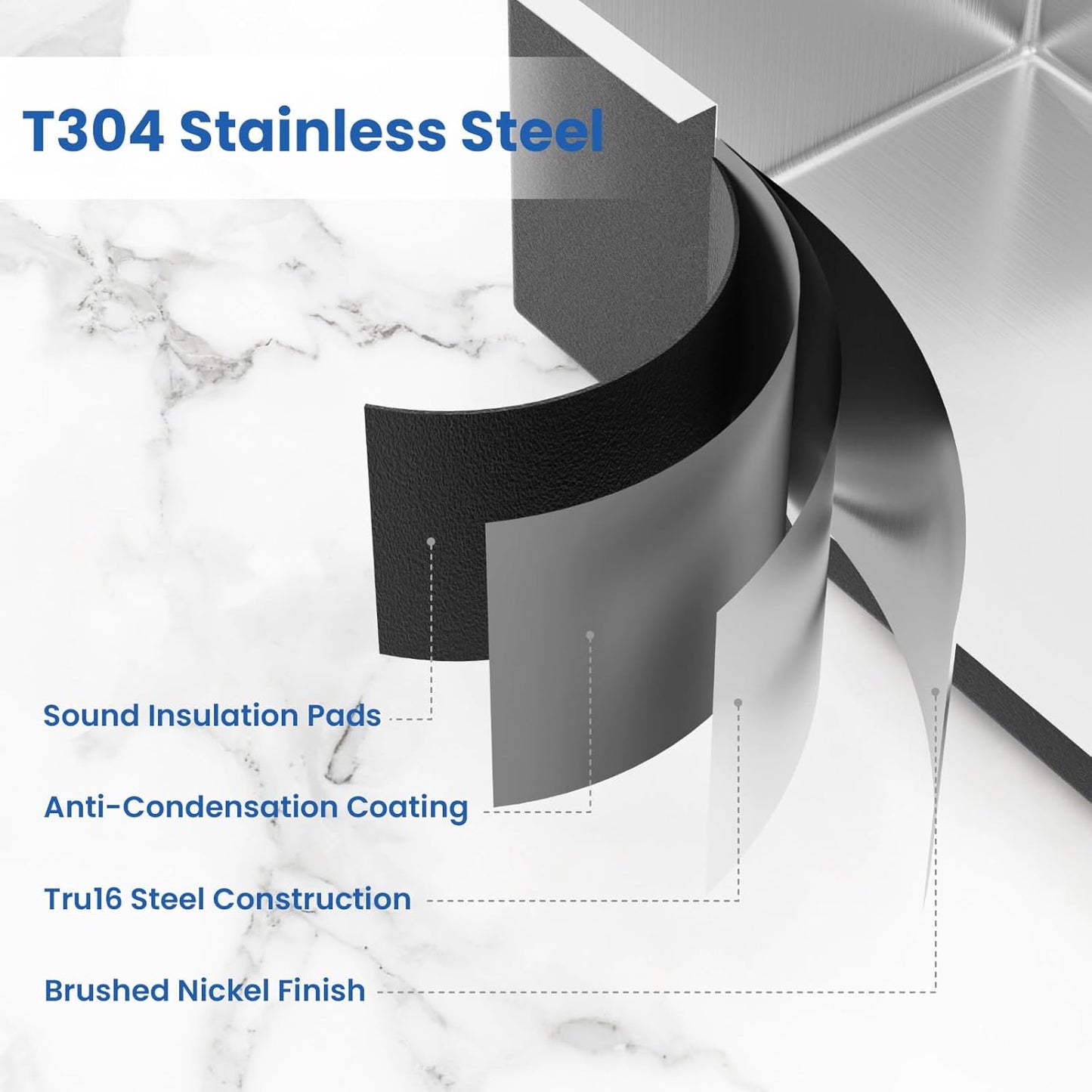 32x18 Undermount Kitchen Sink, WATERLACE Premium 16 Gauge 304 Stainless Steel Handmade Modern Kitchen Sink with Bottom Grid & Drain Assembly