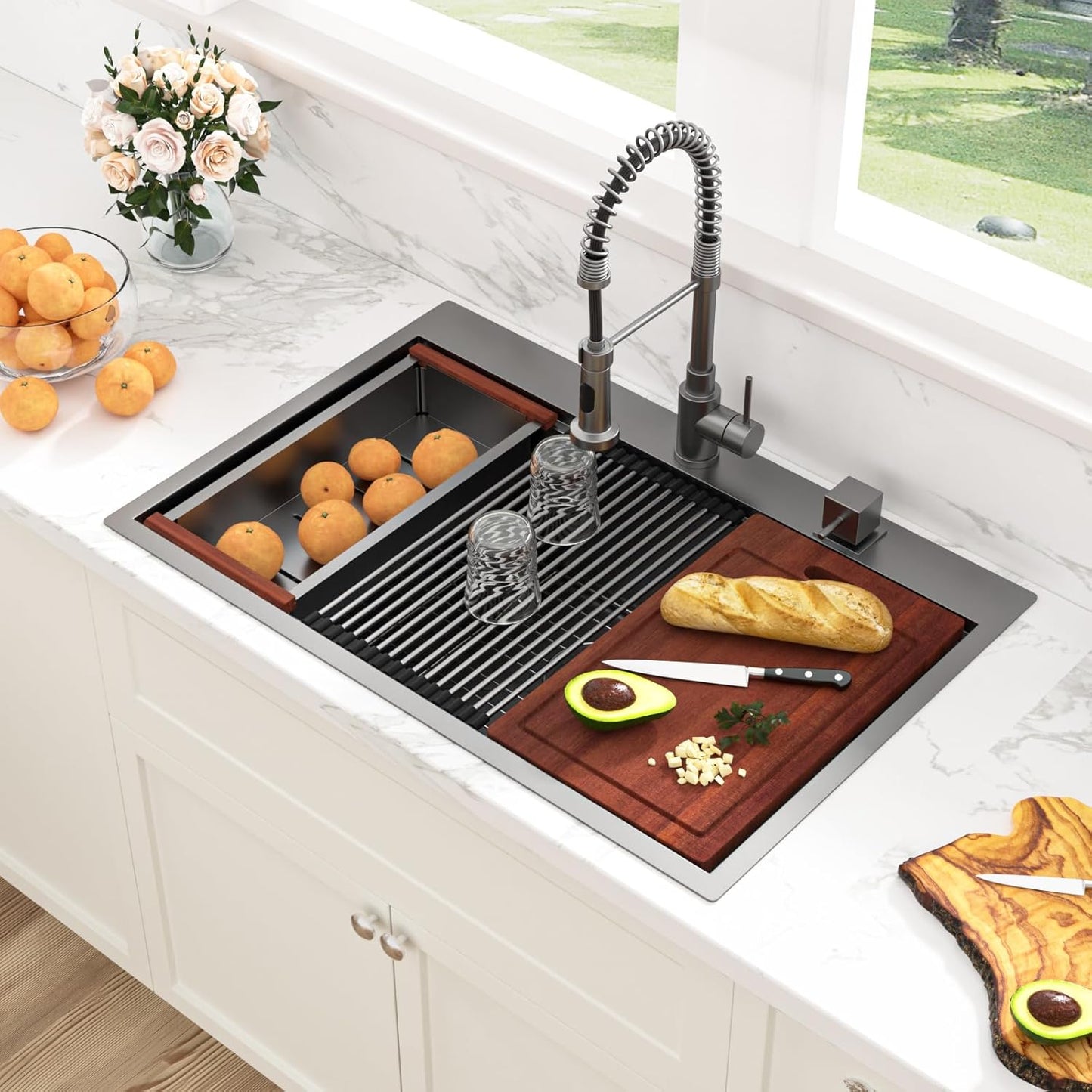 Sarlai 36 Inch Waterfall Kitchen Sink Workstation - 36x22 Waterfall Drop In Sink Stainless Steel 16 Gauge Sink Multifunction Single Bowl Smart Top Mount Kitchen Sinks with Faucet Combo