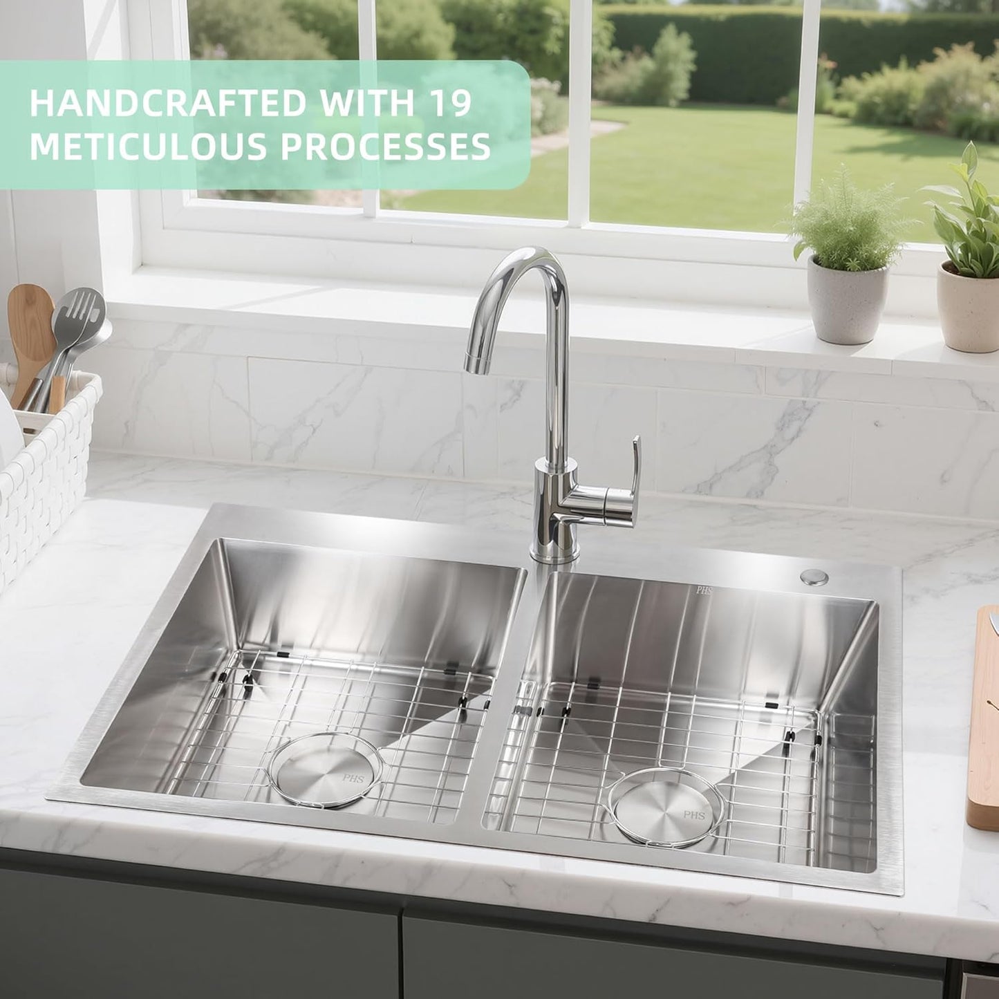 33 Inch Drop In Kitchen Sink Double Bowl-32x22 Top Mount Sink Double Stainless Steel 16 Gauge Deep 50/50 Handmade Double Bowl Sinks