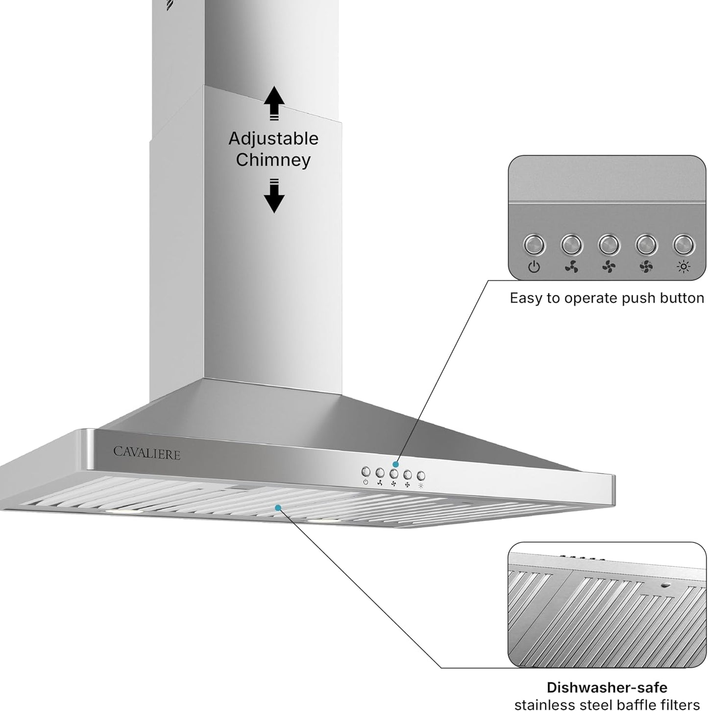 CAVALIERE Wall Mount Range Hood 30 Inch, 3-Year Warranty, Value-Focused 400 CFM, Enhanced Stainless Steel Kitchen Exhaust Fan, LED Light, Baffle Filter, 3 Speed Fan, Button Control