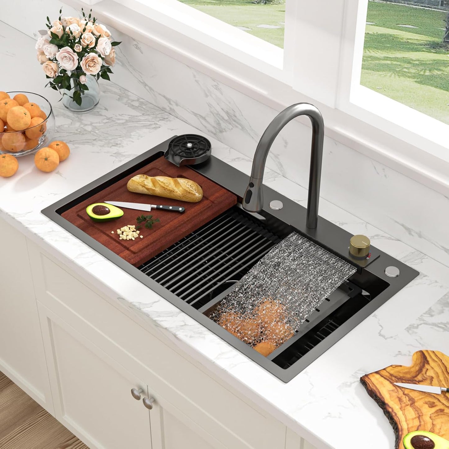Sarlai 36 Inch Waterfall Kitchen Sink Workstation - 36x22 Waterfall Drop In Sink Stainless Steel 16 Gauge Sink Multifunction Single Bowl Smart Top Mount Kitchen Sinks with Faucet Combo