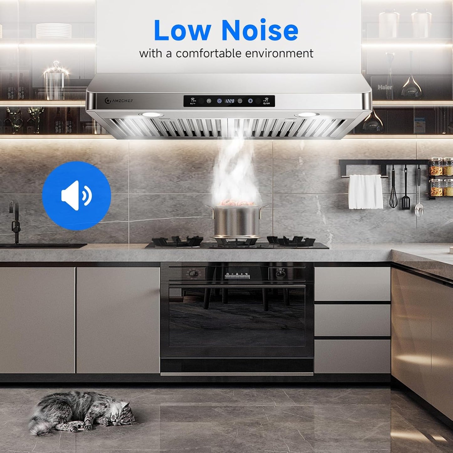 AMZCHEF Under Cabinet Range Hood 30 Inch, 750CFM Stainless Steel Kitchen Stove Vent Hood 3 Speed Exhaust Fan Touch/Remote/Gesture Control LED lights Time Setting Dishwasher-Safe Baffle Filters