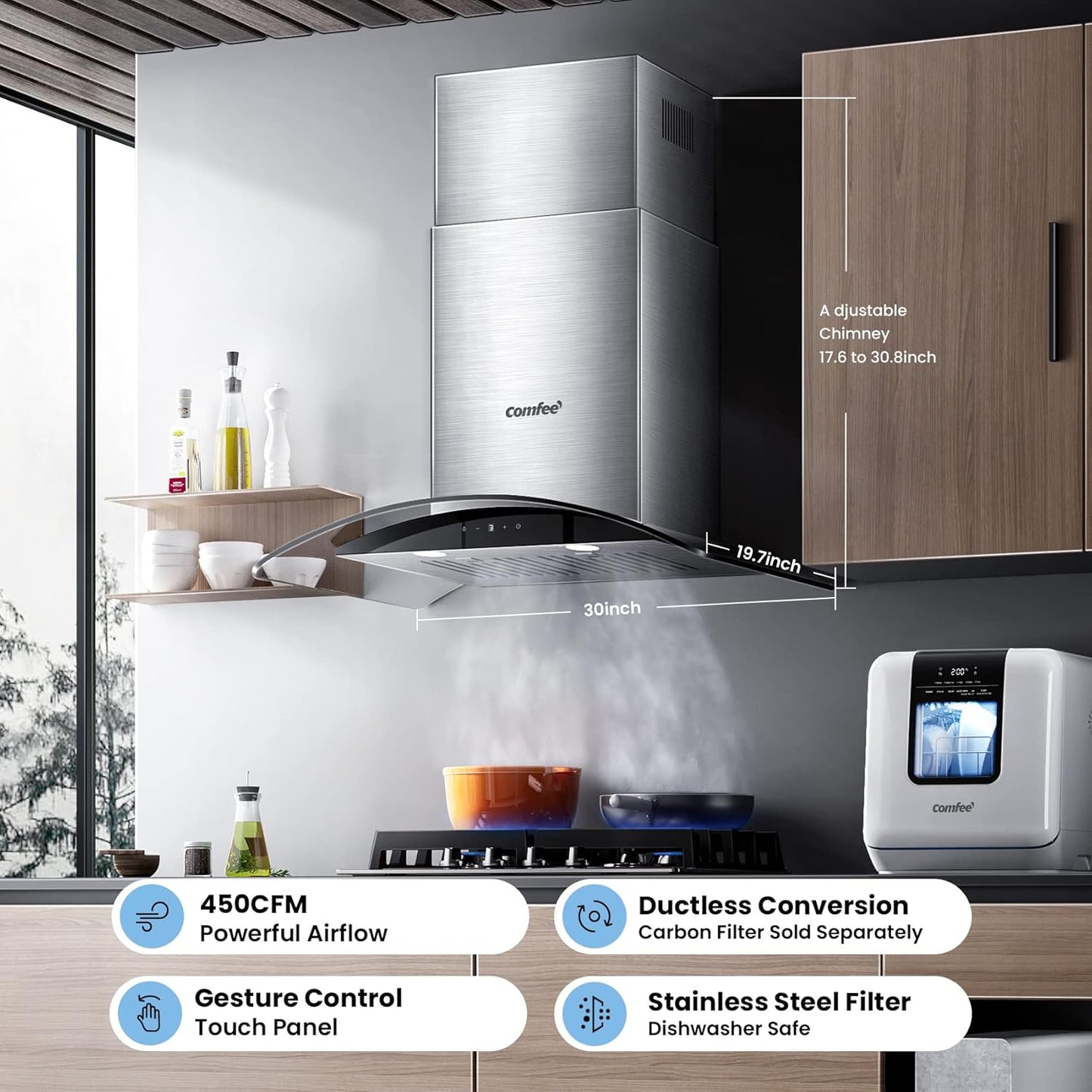 COMFEE' Curved Glass Range Hood 30 Inch 450 CFM 3 Speed Gesture Sensing &Touch Control Panel Stainless Steel kitchen Ductless/Ducted Convertible with Baffle Filters and 2 LED Lights (CVG30W9AST)