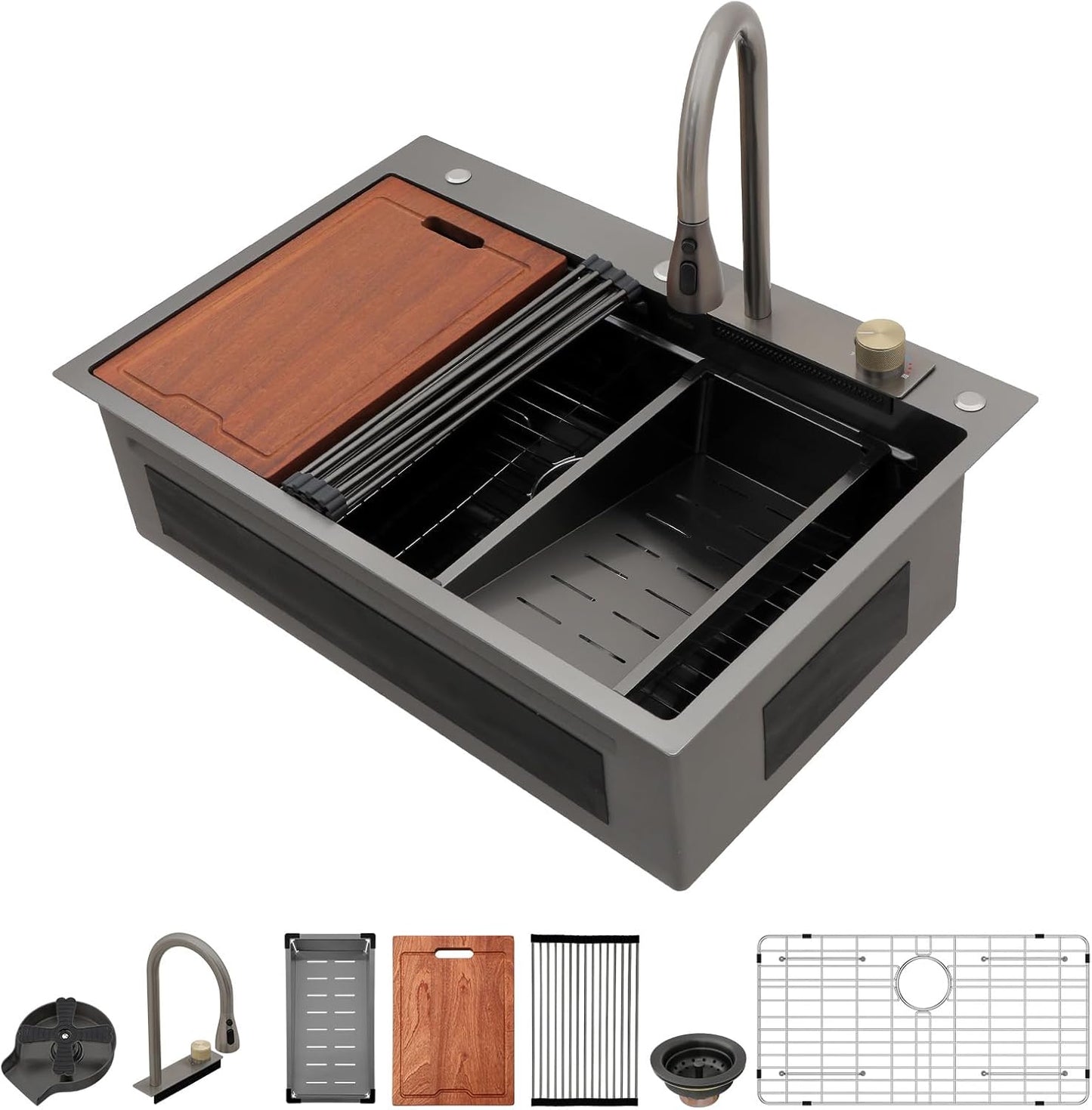 Lordear 33 Drop In Kitchen Sink Workstation 33x22 Kitchen Sinks Drop In Stainless Steel 16 Gauge Single Bowl Handmade Topmount Sink with Cutting Board