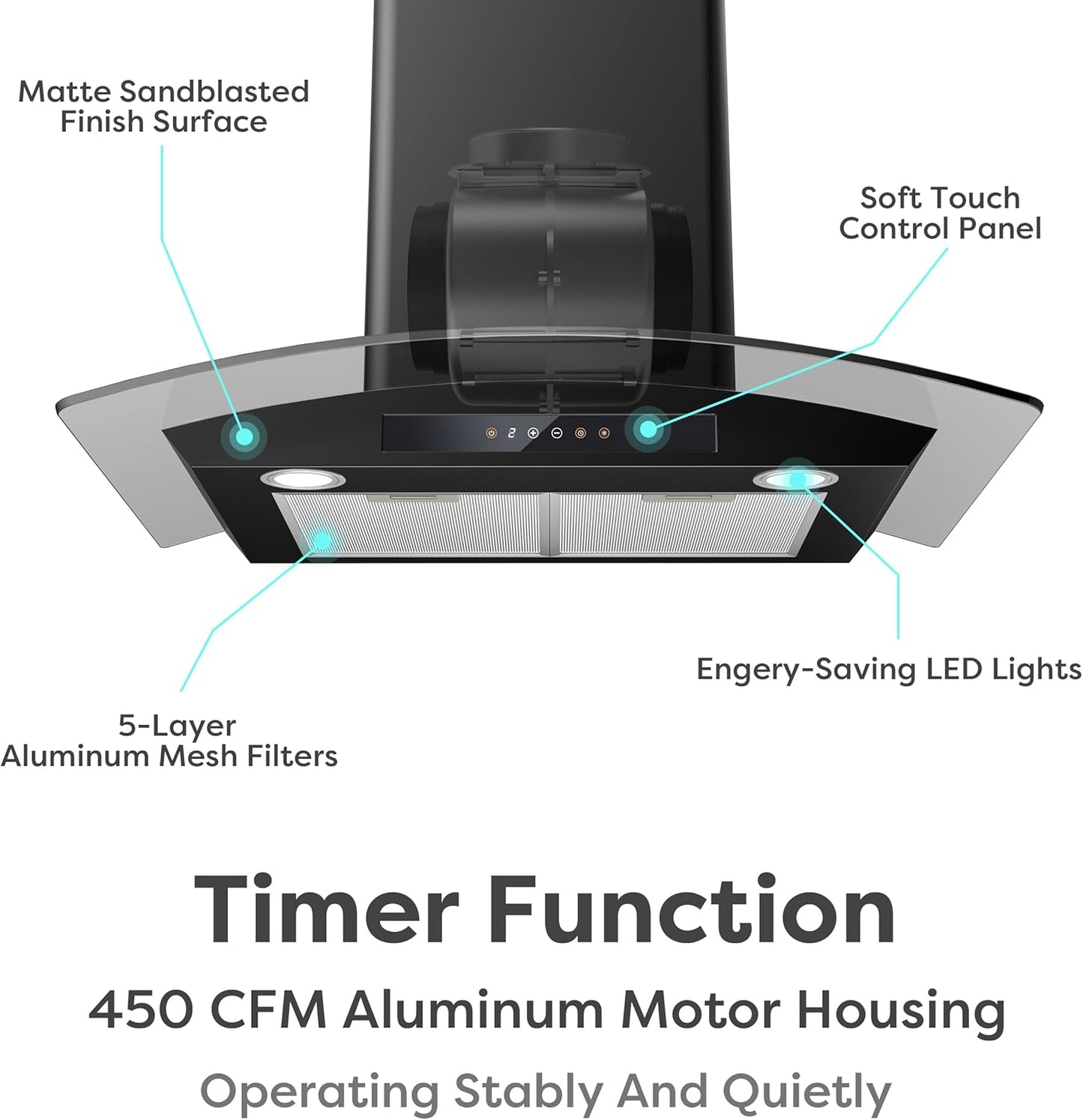 CIARRA Black Range Hood 30 inch with Carbon Filters 450 CFM Stove Vent Hood for Kitchen Auto Shut Off Function CAB75502-003