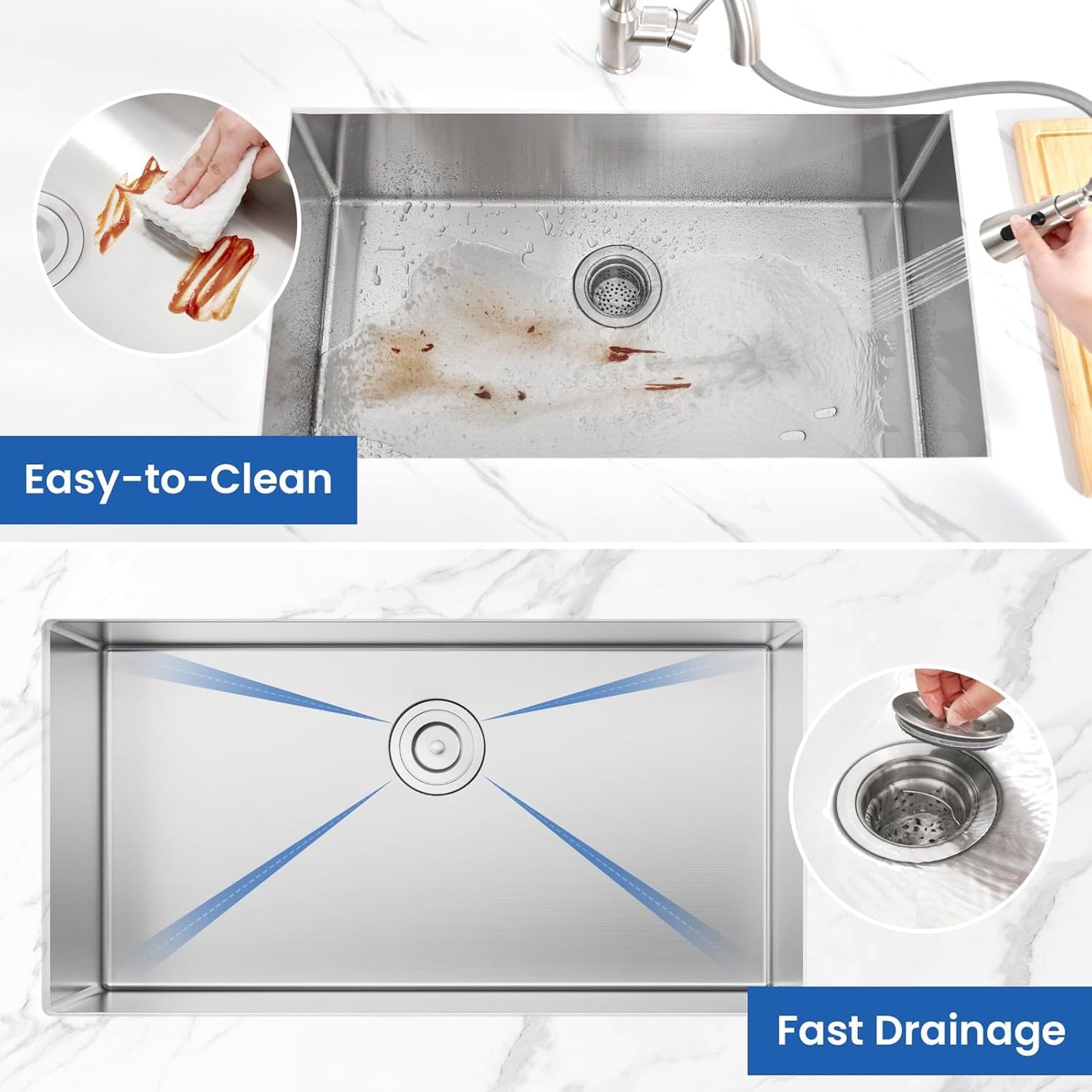 32x18 Undermount Kitchen Sink, WATERLACE Premium 16 Gauge 304 Stainless Steel Handmade Modern Kitchen Sink with Bottom Grid & Drain Assembly
