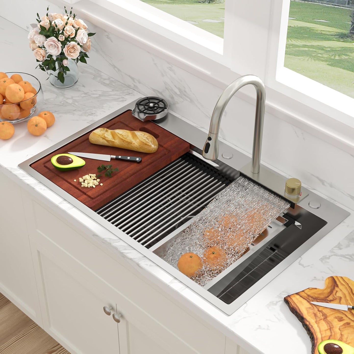 Sarlai 36 Inch Waterfall Kitchen Sink Workstation - 36x22 Waterfall Drop In Sink Stainless Steel 16 Gauge Sink Multifunction Single Bowl Smart Top Mount Kitchen Sinks with Faucet Combo