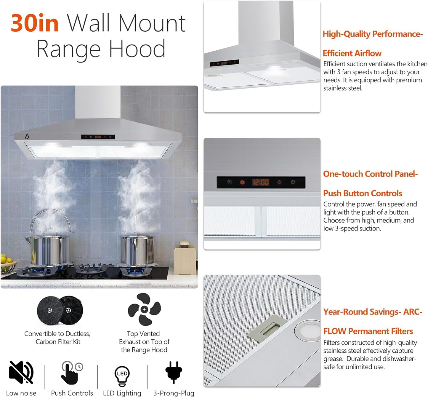 30 Inch Wall Mount Range Hood 265 CFM Ducted/Ductless Convertible, Stainless Steel Kitchen Range Vent Hood with 3 Inhalation Speeds, Touch Control, LED Lights