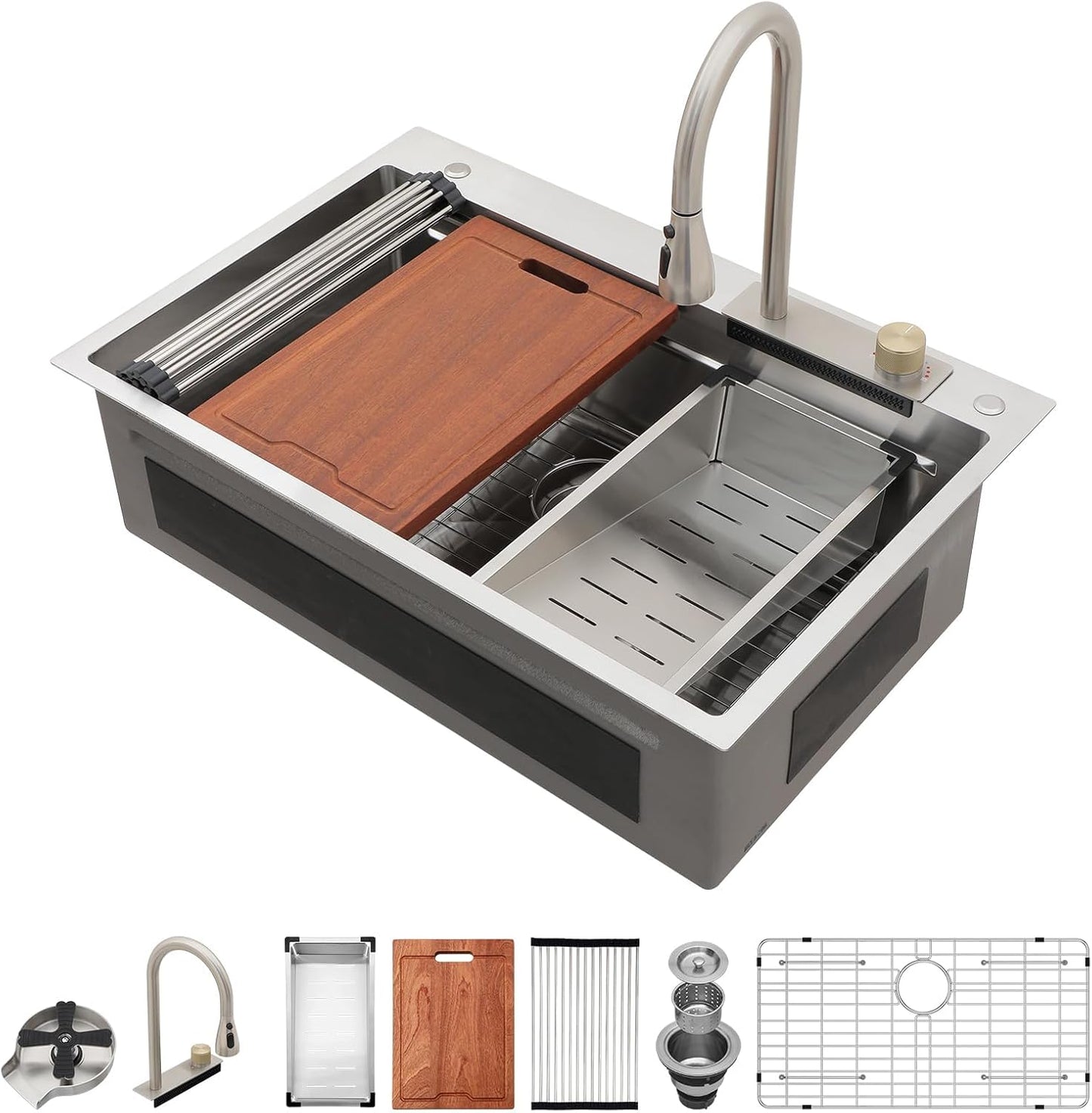 Lordear 33 Drop In Kitchen Sink Workstation 33x22 Kitchen Sinks Drop In Stainless Steel 16 Gauge Single Bowl Handmade Topmount Sink with Cutting Board
