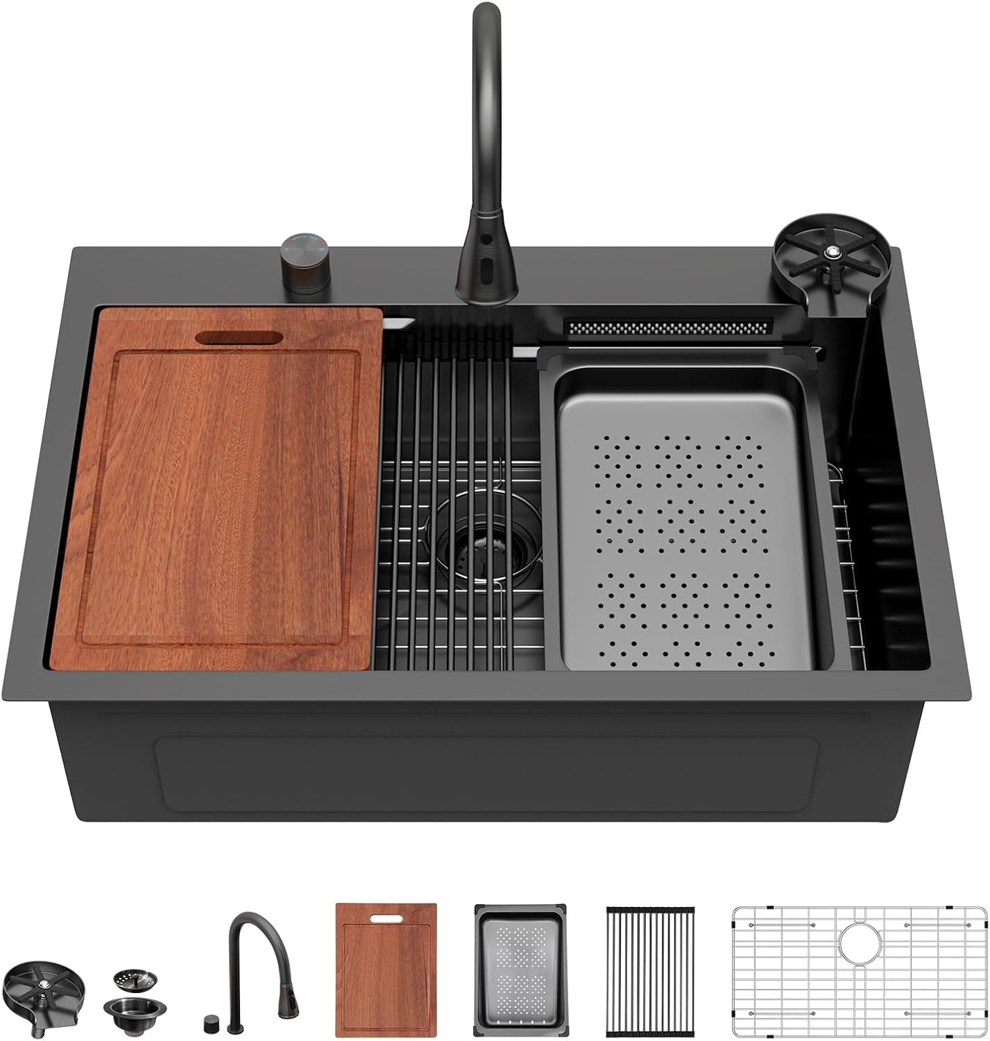 Sarlai 36 Inch Waterfall Kitchen Sink Workstation - 36x22 Waterfall Drop In Sink Stainless Steel 16 Gauge Sink Multifunction Single Bowl Smart Top Mount Kitchen Sinks with Faucet Combo