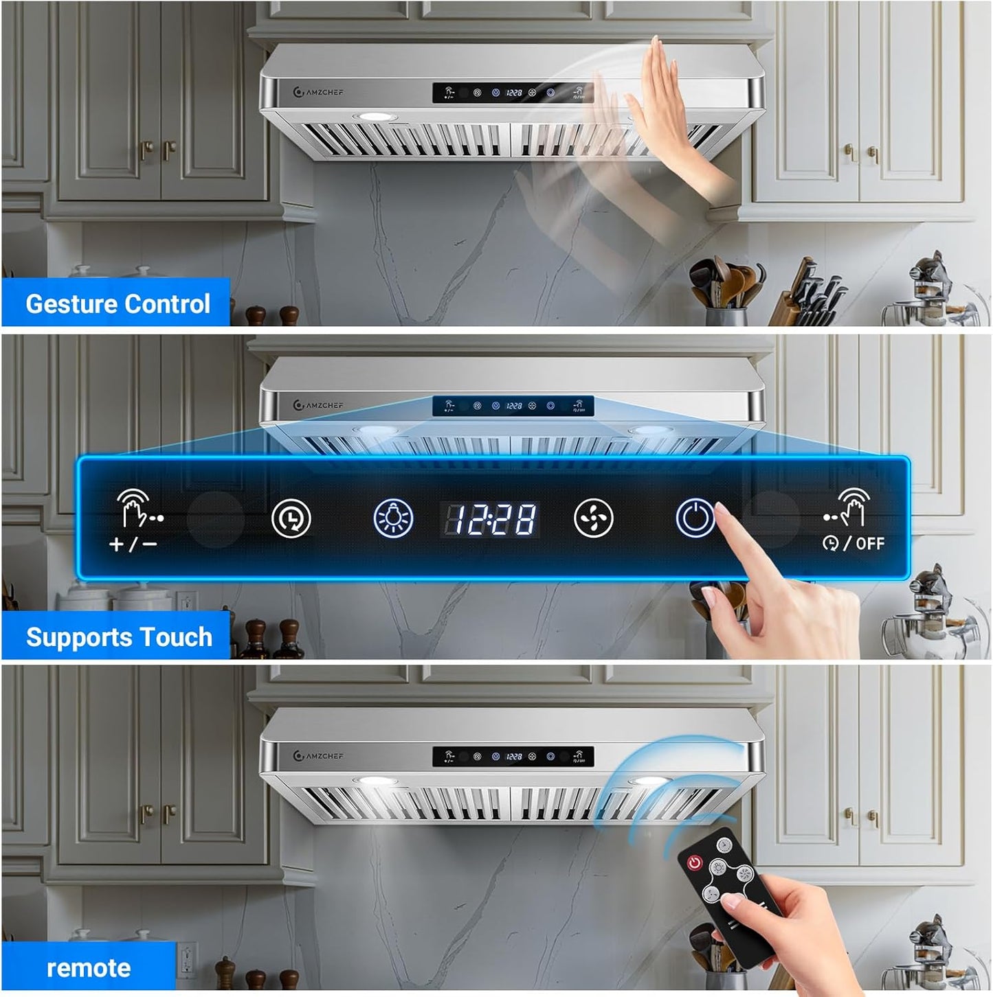 AMZCHEF Under Cabinet Range Hood 30 Inch, 750CFM Stainless Steel Kitchen Stove Vent Hood 3 Speed Exhaust Fan Touch/Remote/Gesture Control LED lights Time Setting Dishwasher-Safe Baffle Filters