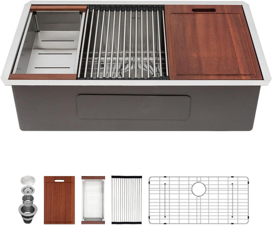 Sarlai 32 Inch Undermount Sink Stainless Steel Undermount Kitchen Sinks Workstation Single Bowl 16 Gauge Under Counter Kitchen Sink Basin 32x19x10 Inch