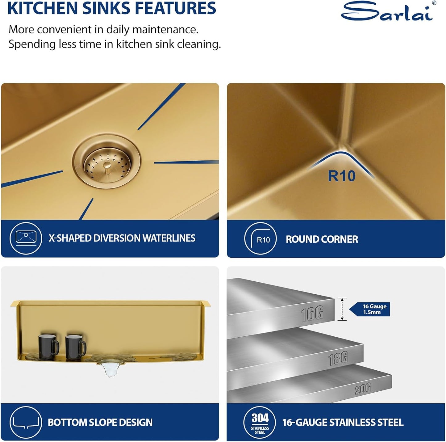 Sarlai 33 Undermount Sink Gold Stainless - 33" x19" Kitchen Sink Ledge Workstation Gold 16 Gauge Stainless Steel Deep Single Bowl Under Counter Rectangular Kitchen Sinks Basin