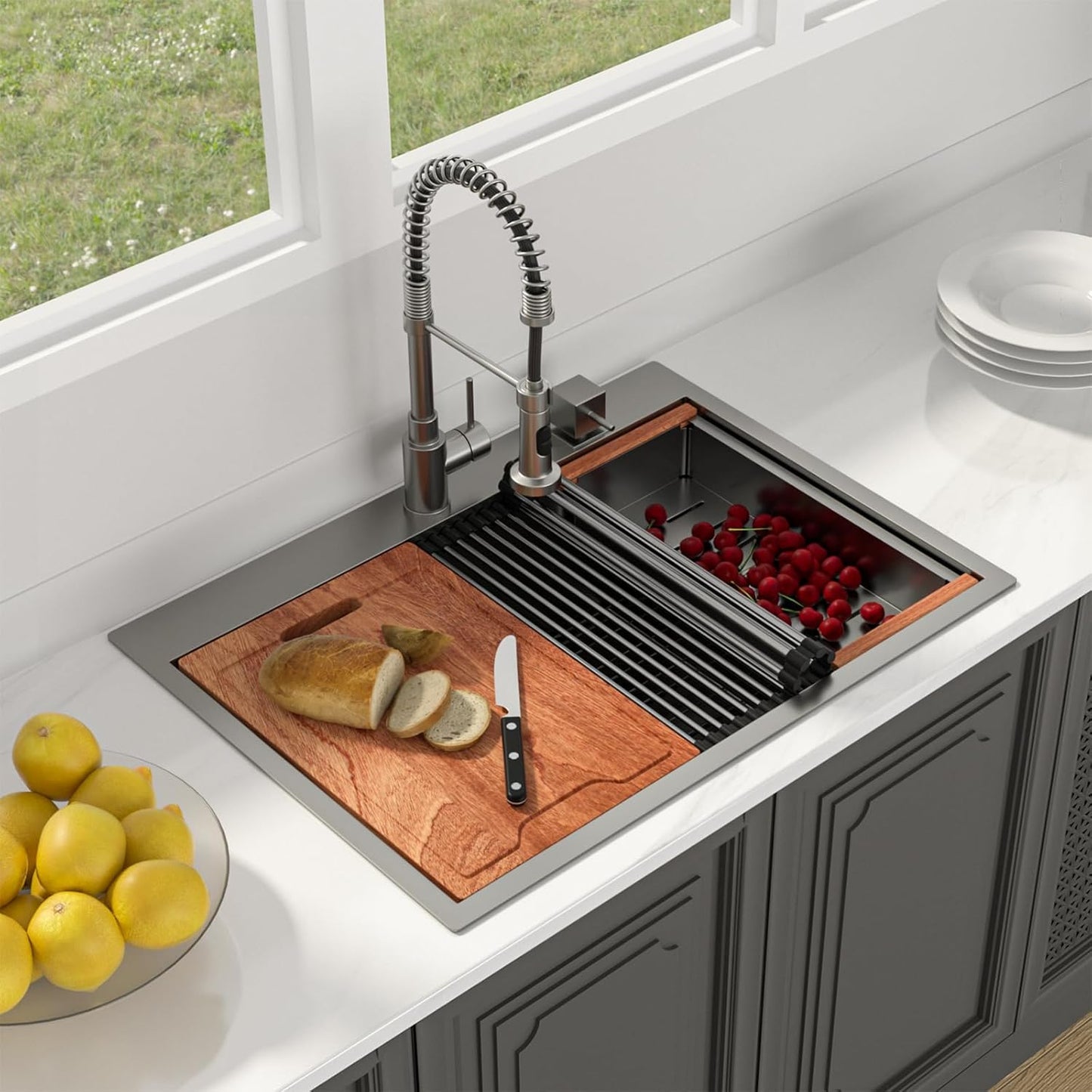Lordear 33 Drop In Kitchen Sink Workstation 33x22 Kitchen Sinks Drop In Stainless Steel 16 Gauge Single Bowl Handmade Topmount Sink with Cutting Board