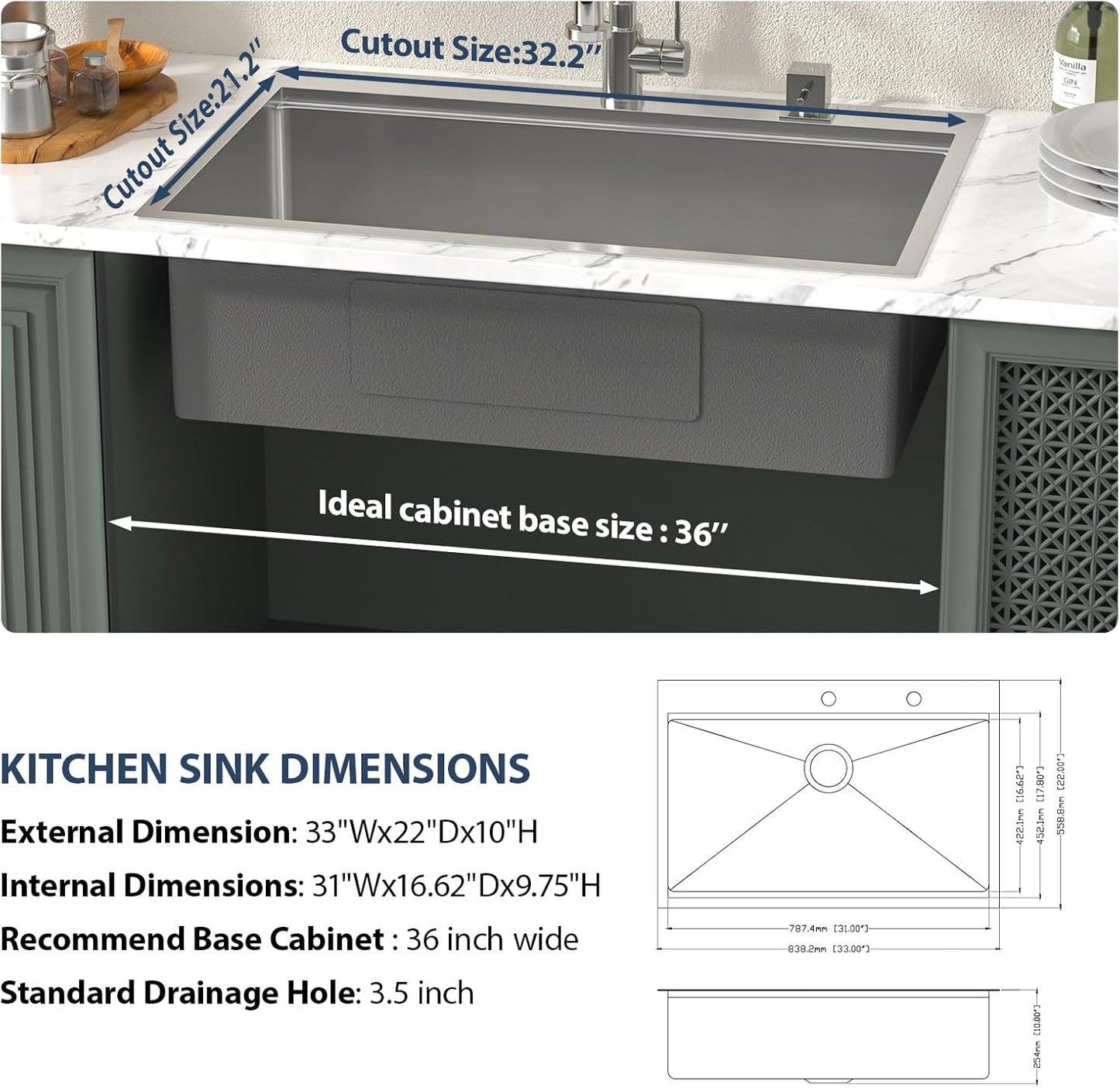 Lordear 33 Drop In Kitchen Sink Workstation 33x22 Kitchen Sinks Drop In Stainless Steel 16 Gauge Single Bowl Handmade Topmount Sink with Cutting Board